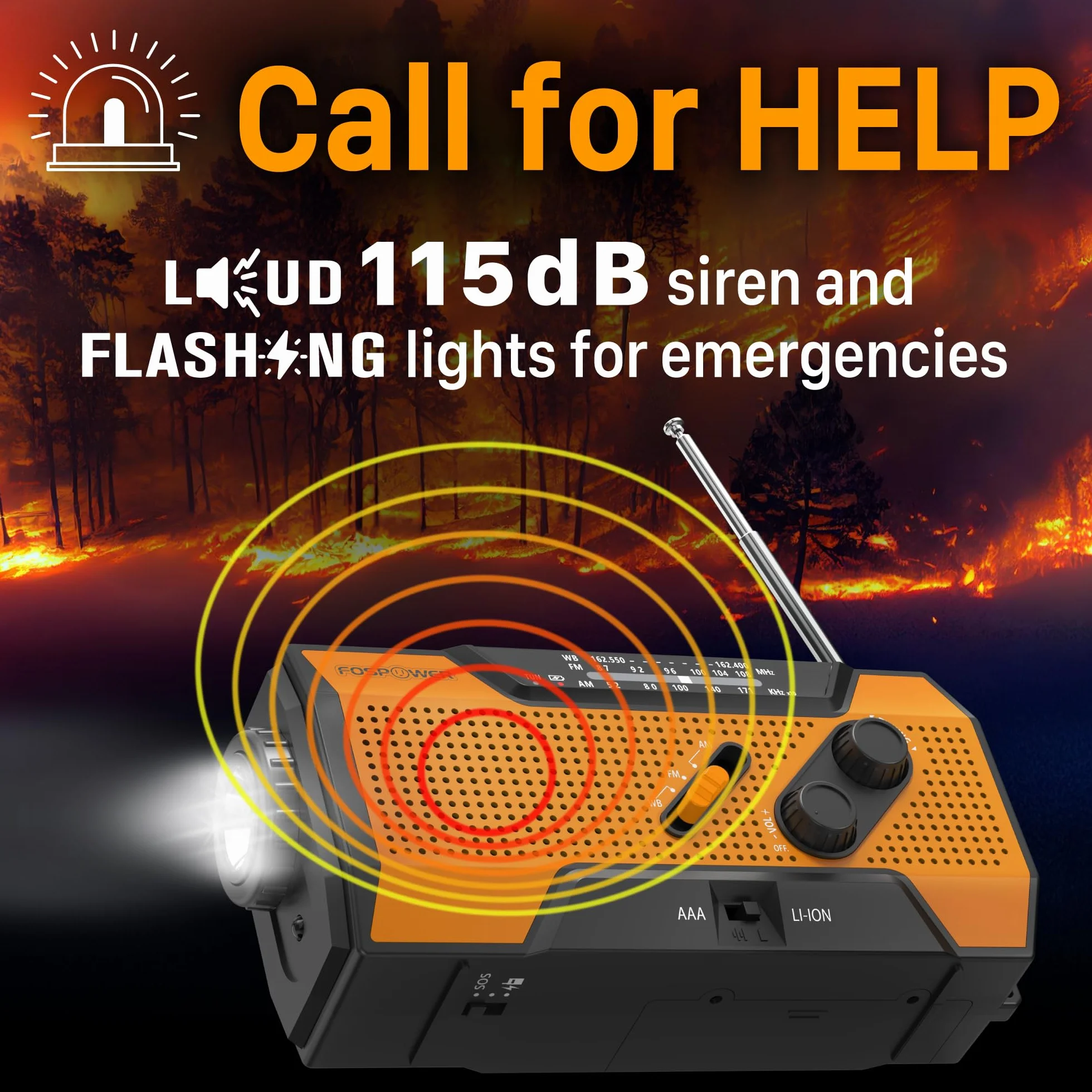FosPower - Notfallradio NOAA/AM/FM mit 7400mWh (2000mAh) Tragbare Powerbank - Aufladung per USB/Solar/Handkurbel, Batteriebetrieben, SOS-Alarm & Taschenlampe für Notfälle drinnen und draußen