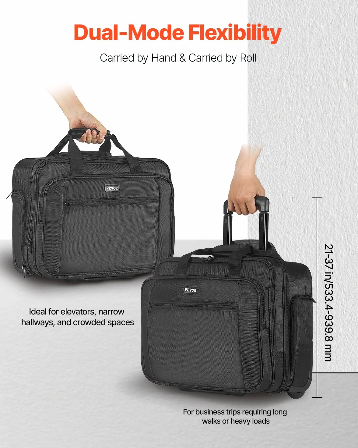 VEVOR Laptop Trolley, passend für Laptops bis zu 17,3 Zoll (44 cm), Aktenkoffer, Notebooktasche mit Rollen und Teleskopgriff, Laptoptasche für Arbeit, Reisen, Büro, 450x210x370 mm (Schwarz)