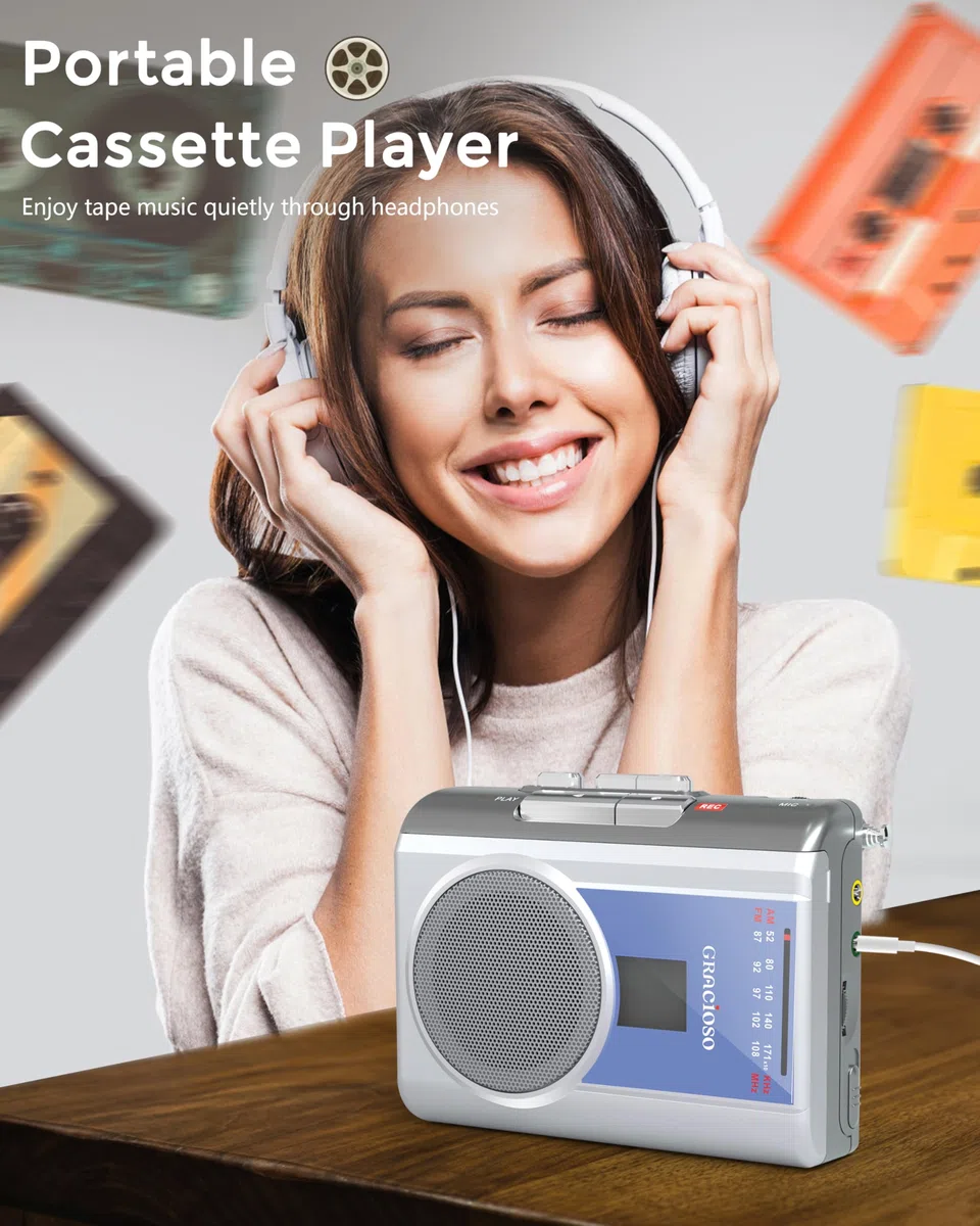Gracioso Kassettenrekorder Spieler: AM FM Kompakter Vintage-Kassettenspieler mit großem Lautsprecher und Kopfhörerbuchse, mit Gleichstrom oder AA-Batterie betrieben