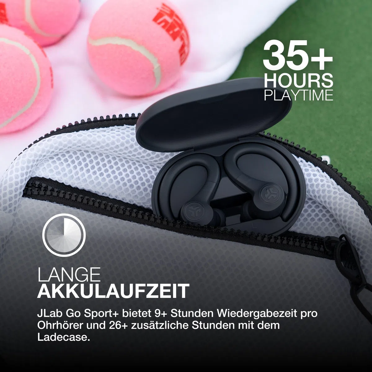 JLab Go Air Sport+ Kopfhörer Bluetooth, Sportkopfhörer 35+ Std., True Wireless In Ear Kopfhörer kabellos für Läufer, Joggen, IP55-schweißresistent, USB-C Ladecase, Be Aware-Modus, Graphit