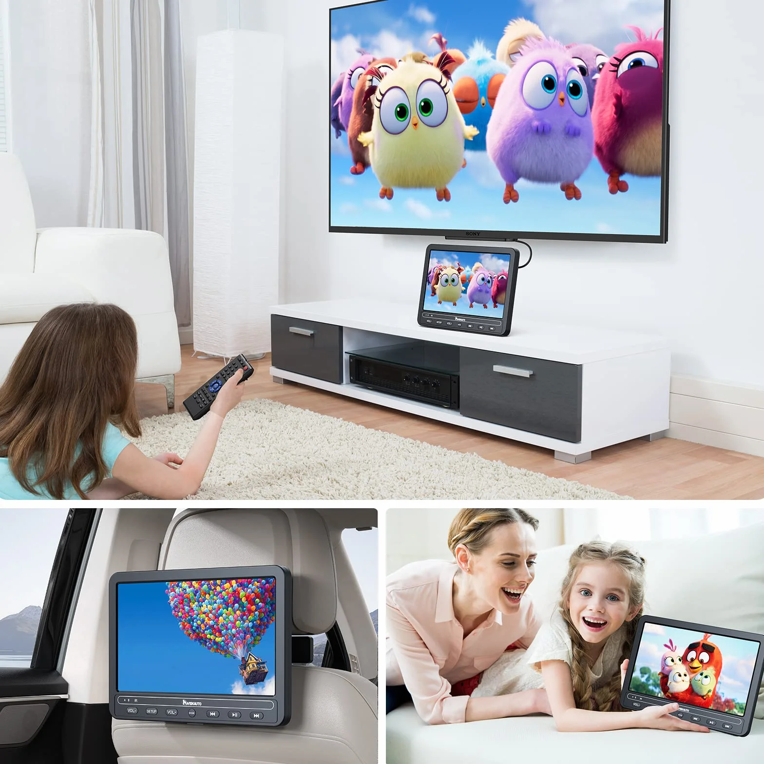 NAVISKAUTO 10,5 Zoll DVD Player Auto 2 Monitore Kopfstütze HDMI IN Mit 5 Stunden Akku, Auto Fernseher TV Kinder DVD-Player Unterstützt USB/SD-Karte, Last Memory, 2 Verschiedene Filme Spielen