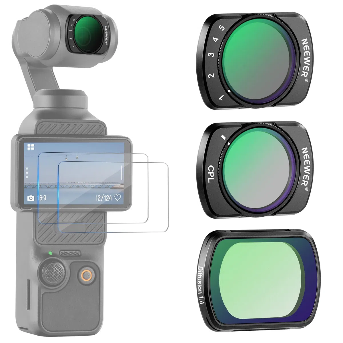 NEEWER Magnetfilterset, kompatibel mit DJI Osmo Pocket 3 / Pocket 4 / Xtra Muse, variabler Neutraldichtefilter ND 2-32 CPL, polarisierender Schwarzdiffusionsfilter 1/4 für filmische Nebeleffekte