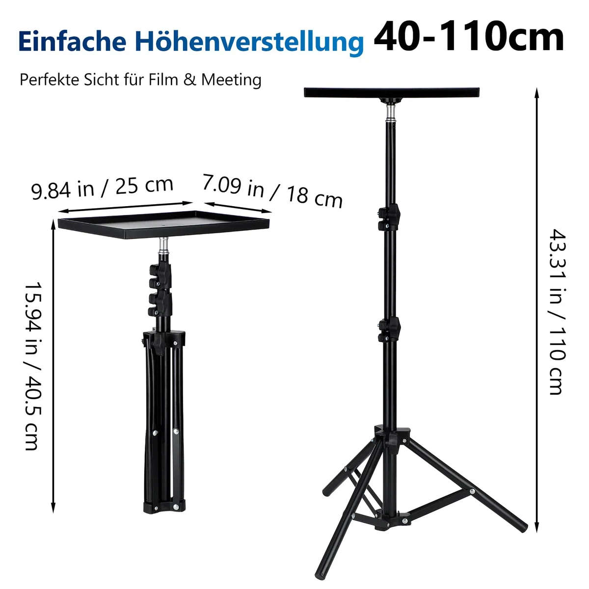 SOIMISS Beamer Ständer, Multifunktionaler Beamer Stativ mit Klappbar, Verstellbarer Höhe Von 40cm Bis 110cm, Projektor Halterung mit Klein Tablett, Laptop Ständer Tragbarer Projektorständer für Kamer