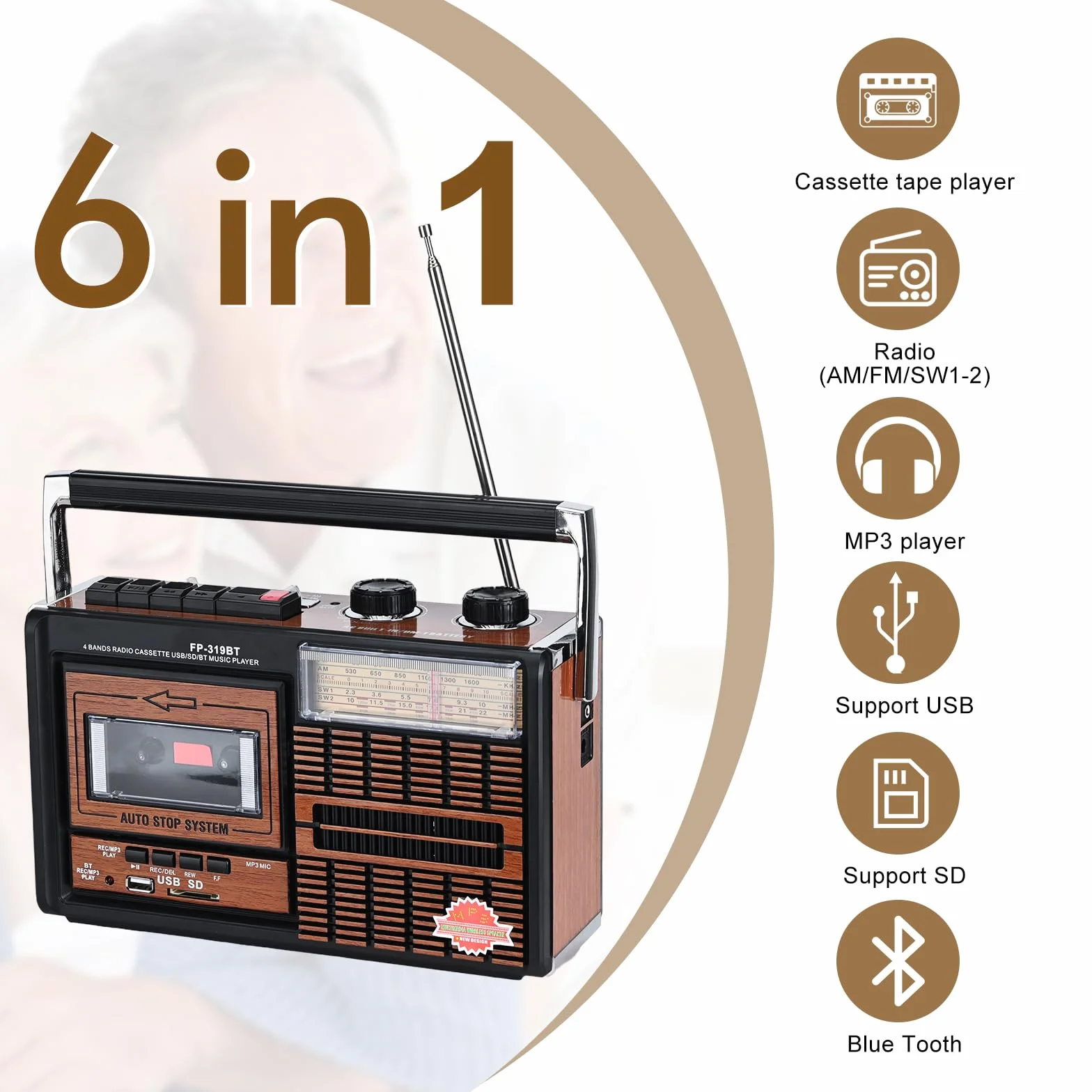 Lychee Tragbarer Retro-Kassettenspieler und -rekorder mit AM/FM/SW1-2 Vier-Band-Radio, eingebautem Lautsprecher, 3,5-mm-Kopfhörerbuchse, unterstützt SD/USB-Eingang (F-319BT)