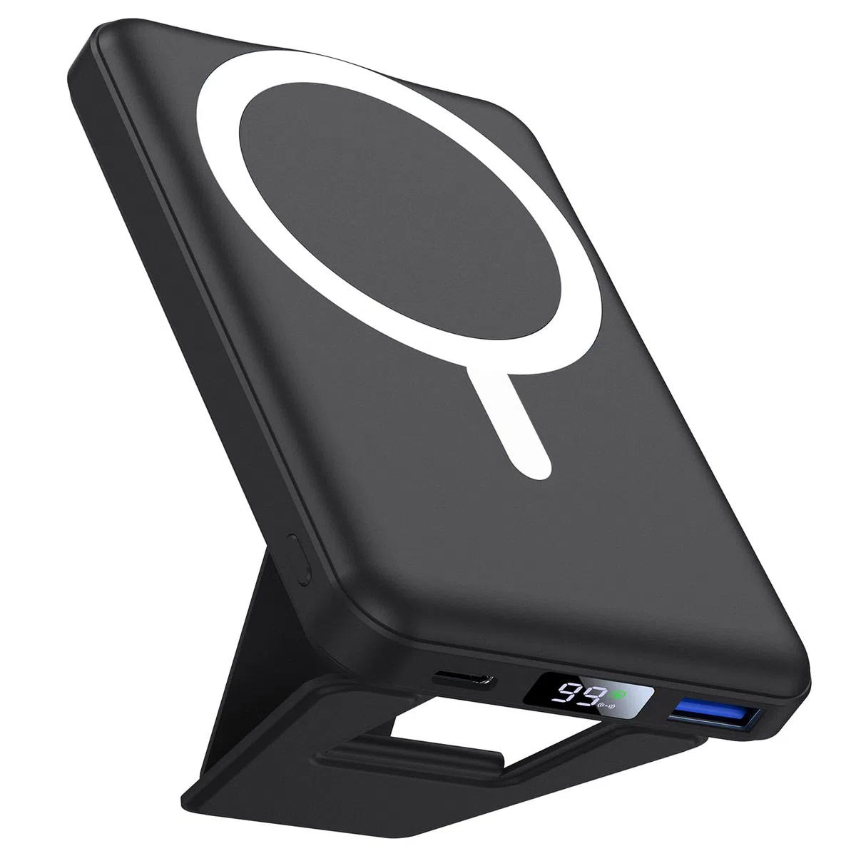 AOGUERBE Kabellose Powerbank, 10,000mAh Faltbarer Magnetische Power Bank PD 22,5W Schnellladen mit LED Display, Kompatibel mit MagSafe für iPhone 17/16/15/14/13/12/Pro/Pro Max Serie. (Schwarz)