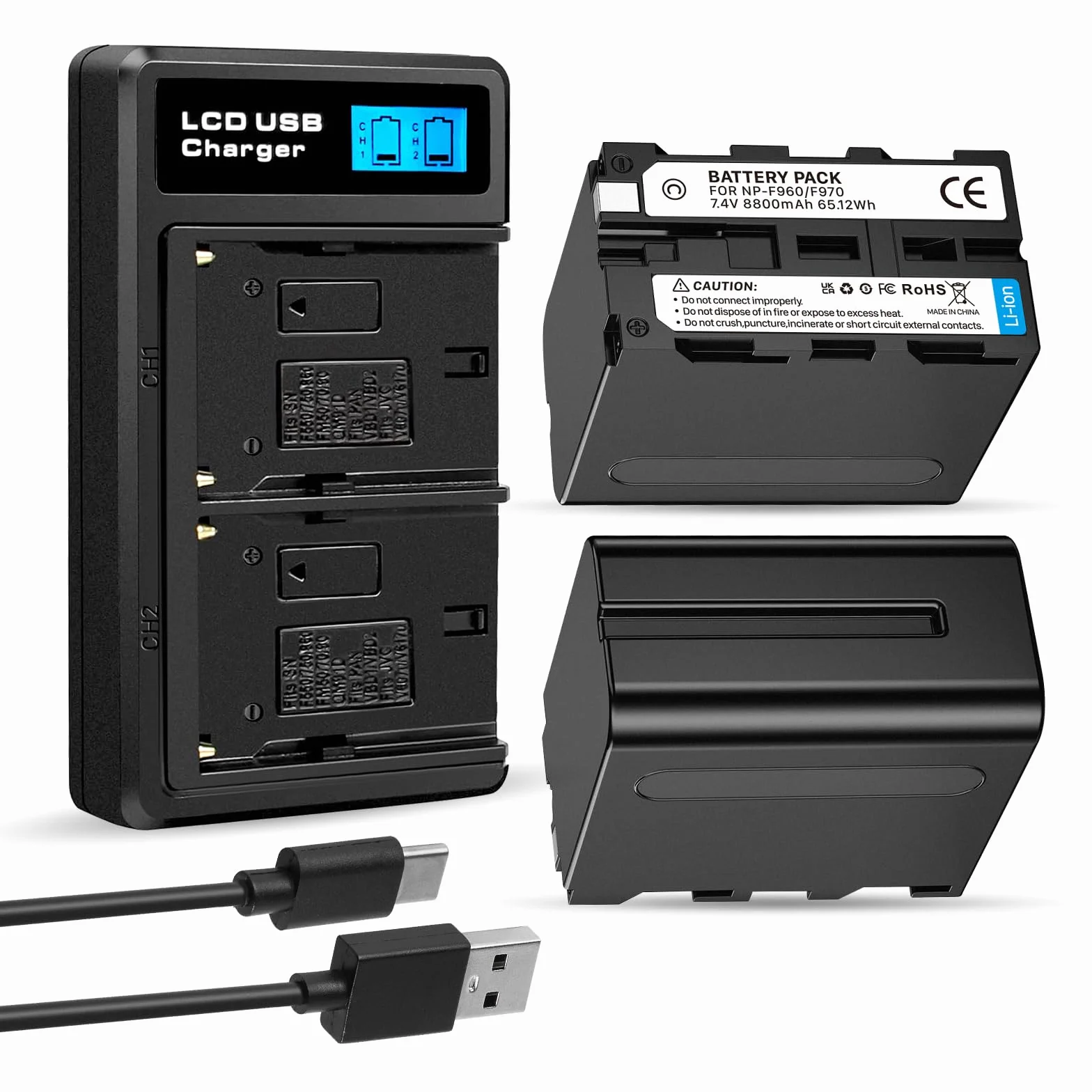 2-Pack 8800mAh Ersatzakku für Sony NP-F970 und USB-Ladegerät für Sony NP-F960 NP-F950 NP-F930 NP-F550 NP-F570 NP-F750 Batterien, für Handycams, Feldmonitor, Videolicht