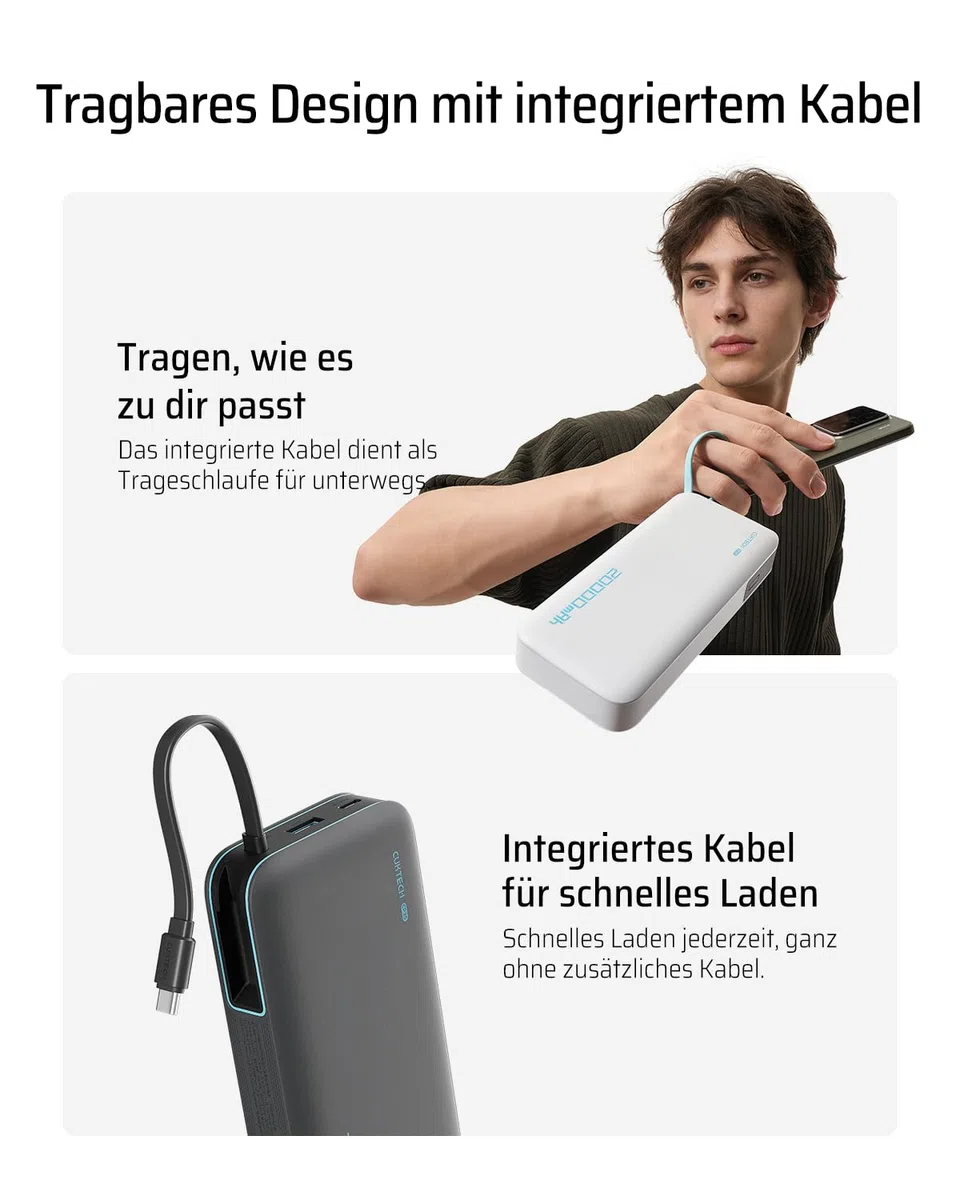 CUKTECH 20000mah Power Bank, 45W Powerbank mit Integriertem USB-C Kabel, Externe Handyakkus mit Schnellladefunktion, Externer Akku mit Digitales Display für iPhone 16/15 Pro Max, MacBook, Galaxy S25