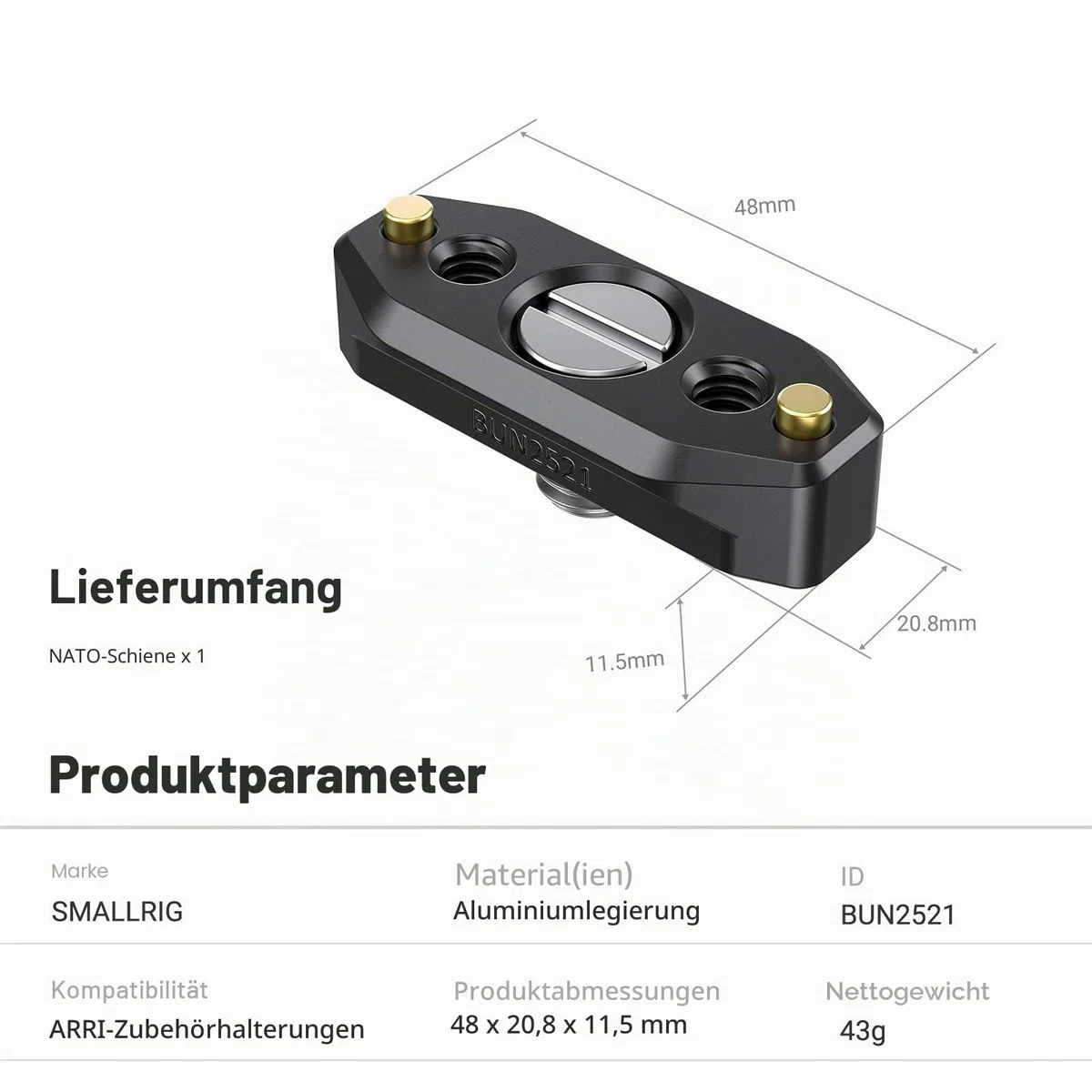 SMALLRIG NATO Rail (48mm) NATO Schiene mit Feststellschraube für ARRI Standard - BUN2521B