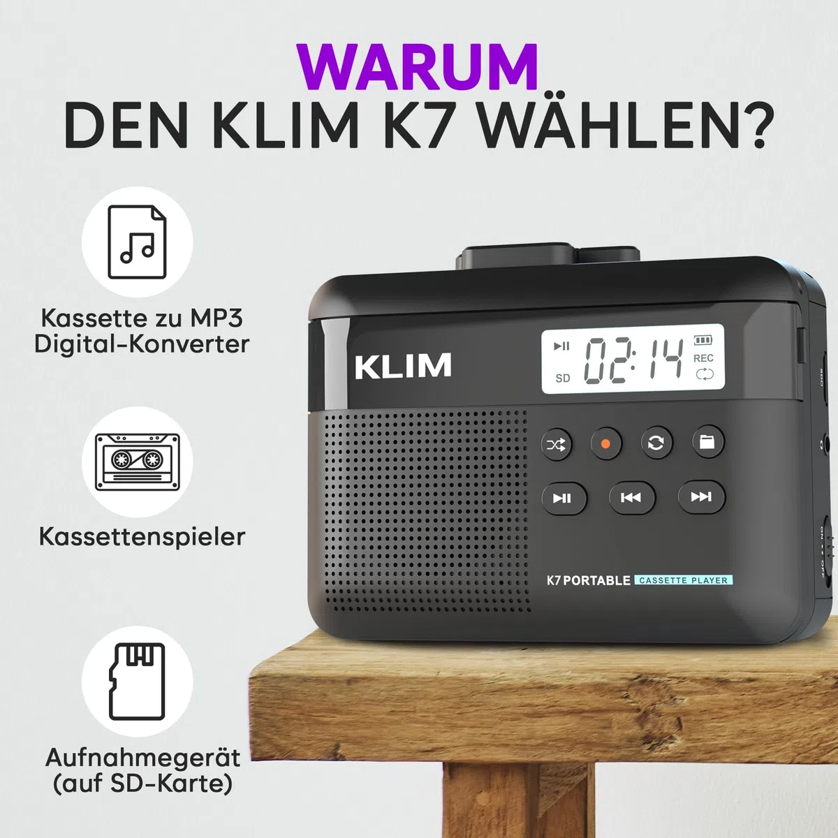 KLIM K7 Kassettenspieler, Kassettenrecorder & MP3 Konverter, Tragbare Kassettenspieler mit integriertem Mikrofon & Lautsprecher, Wiederaufladbar über USB – Inkl. Ohrhörer – 32 GB SD-Karte - Schwarz