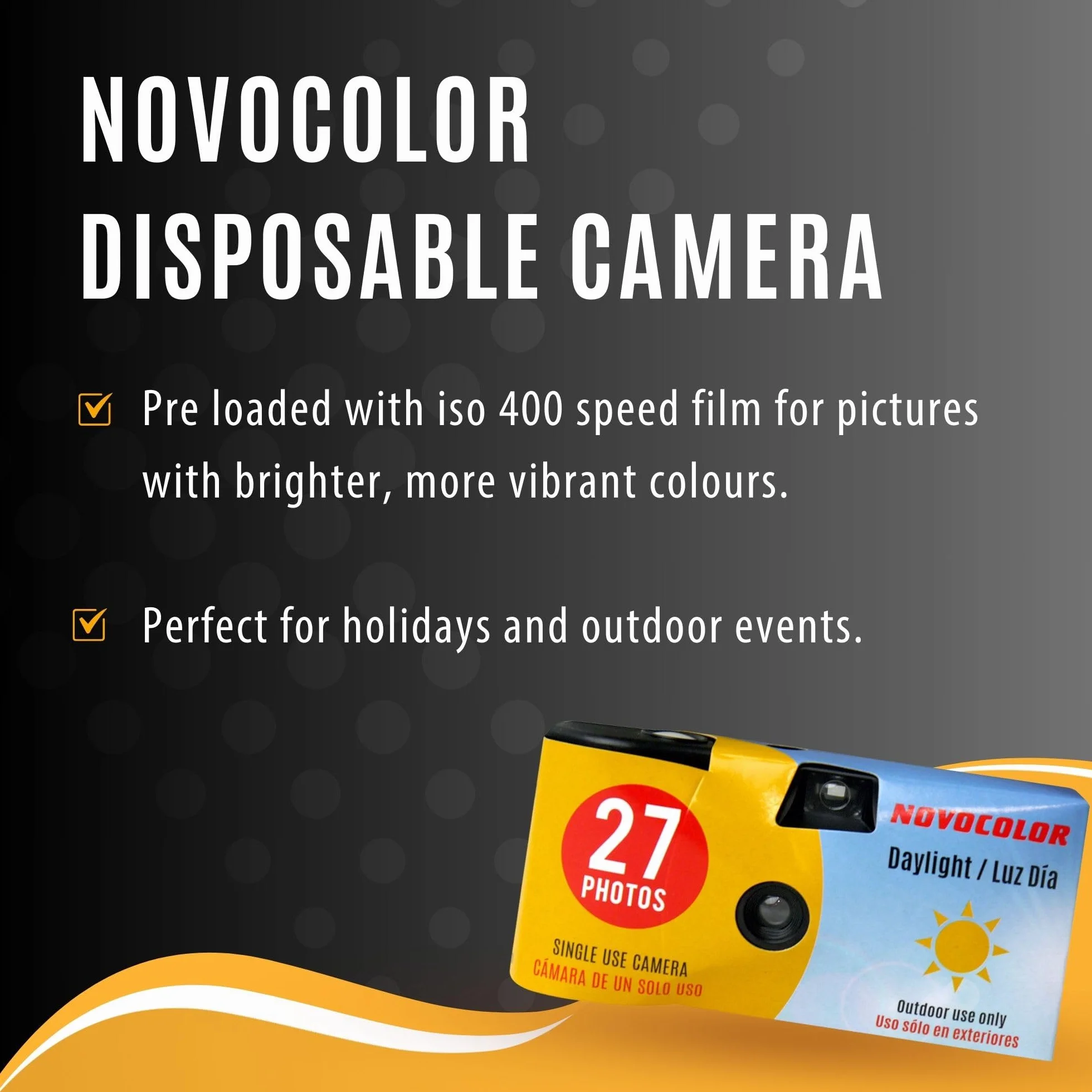 Einwegkamera-Paket mit Novocolor Daylight Einwegkamera, 27 Belichtungen und Clikoze Fotografie-Tipps (1 Stück)