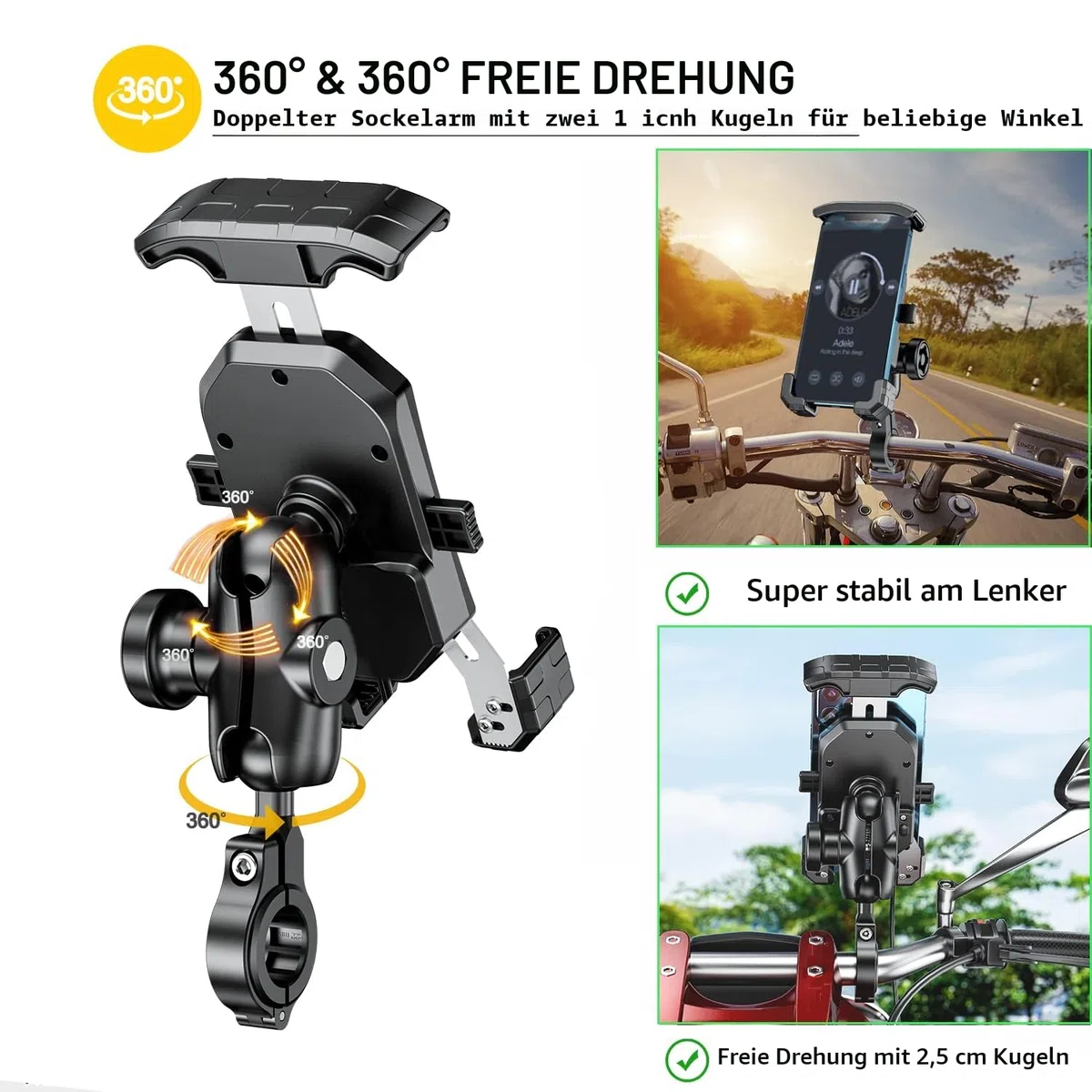 iMESTOU Anti-Diebstahl Motorrad Telefon Halterung Handlebar Ball Handy-Halter mit Aluminium 1" Ball Base 360 Rotation Universal für 4,0-7,0 Zoll Smartphones