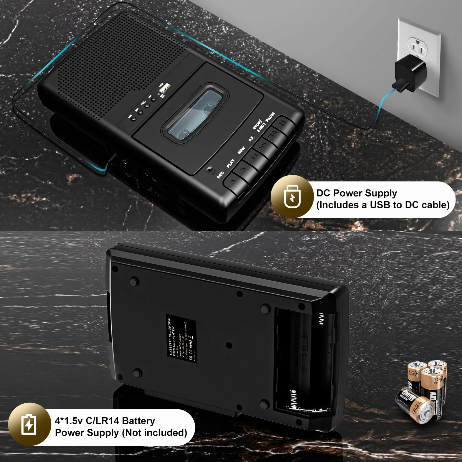 Tragbarer Kassettenrecorder mit One Touch Aufnahme, Mobiler Kassettenspieler & USB-Digitalisierer,Kassettenspieler-Recorder,Eingebauter Lautsprecher, Ausziehbarer Griff, 3,5-mm-Kopfhörer,Schwarz
