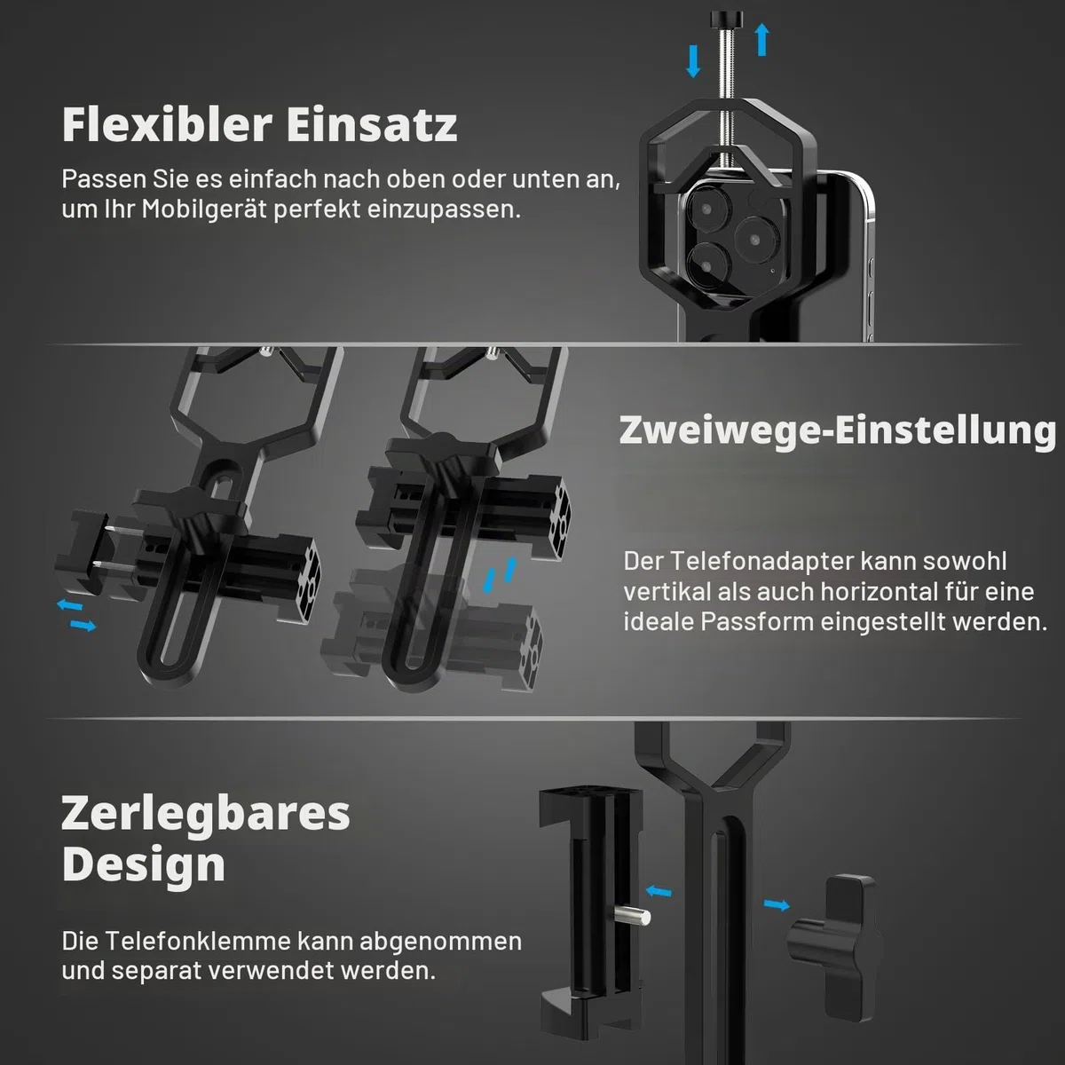 Spektiv Handy Adapter - Telefon-Zielfernrohrhalterung für Telefon (53mm to 90mm) Telefonhalterung für Teleskop, Fernglas, Mikroskop, für Okulare mit einem Durchmesser von (24mm to 52mm)