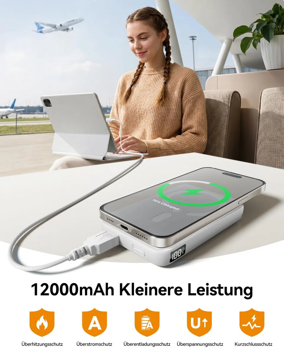 Powerbank für Magsafe, 12000mAh Kabelloses Power Bank mit 22.5W PD USB-A Ausgabe, Magnetische Externe Handyakkus mit LED-Anzeige, Typ-C Eingang & Ausgang für iPhone 17/16/15/14/13/12/Pro/Pro Max