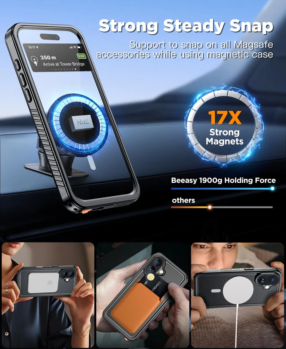 Beeasy für iPhone 13 Mini Hülle Wasserdicht für MagSafe, 360 Grad Outdoor Schutzhülle mit Displayschutz, Wasserfest Staubdicht Handyhülle Stoßfest Panzerhülle Case 5,4", Schwarz