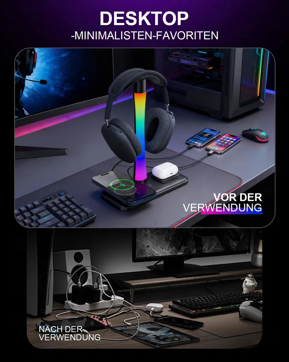 Trongle 3 in 1 RGB Gaming Kopfhörer Ständer mit 15W Wireless Ladegerät, Gaming-Headset-ständer Headset Halterung Wireless Charge Kopfhörer Halter mit 1*USB 2*Typ-C 10 Lighting Effects Modes Schwarz
