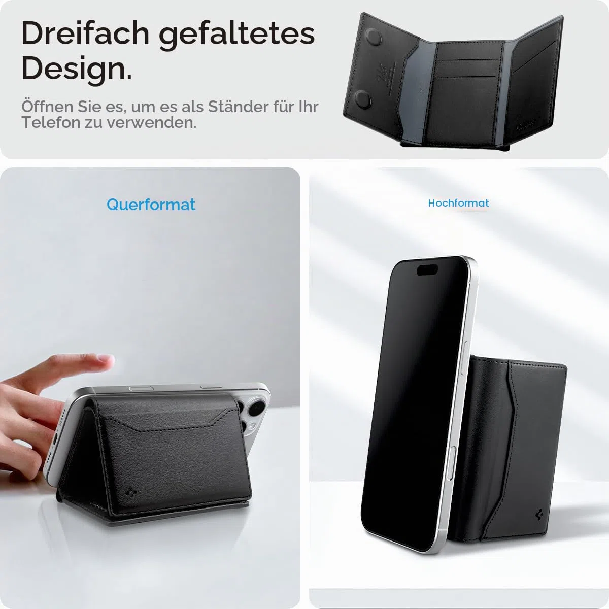Spigen Valentinus S MagFit Magsafe Wallet 7 Kartenfächer, Geldscheinfach, Apfelleder, RFID-Schutz, Multifunktionaler Ständer für iPhone 17/16/15, MagSafe-Modelle, Google Pixelsnap - Schwarz