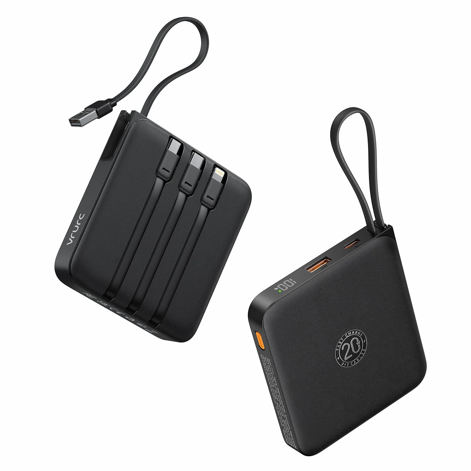 VRURC Powerbank 20000mAh Power Bank mit Kabel Klein USB C 22.5W QC3.0 Schnelles Aufladen Tragbares Ladegerät Externe Handyakkus Klein Aber Stark mit LED-Anzeige für iPhone Huawei Smartphones (schwarz)