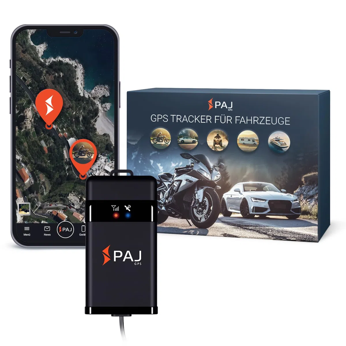 4G Motorrad und Fahrzeug GPS Tracker, Vehicle Finder 2.0 von PAJ GPS, Direktanschluss 9-75 V, Live-Ortung per App, 365 Tage Streckenspeicher, Alarmmeldungen direkt auf Ihr Handy