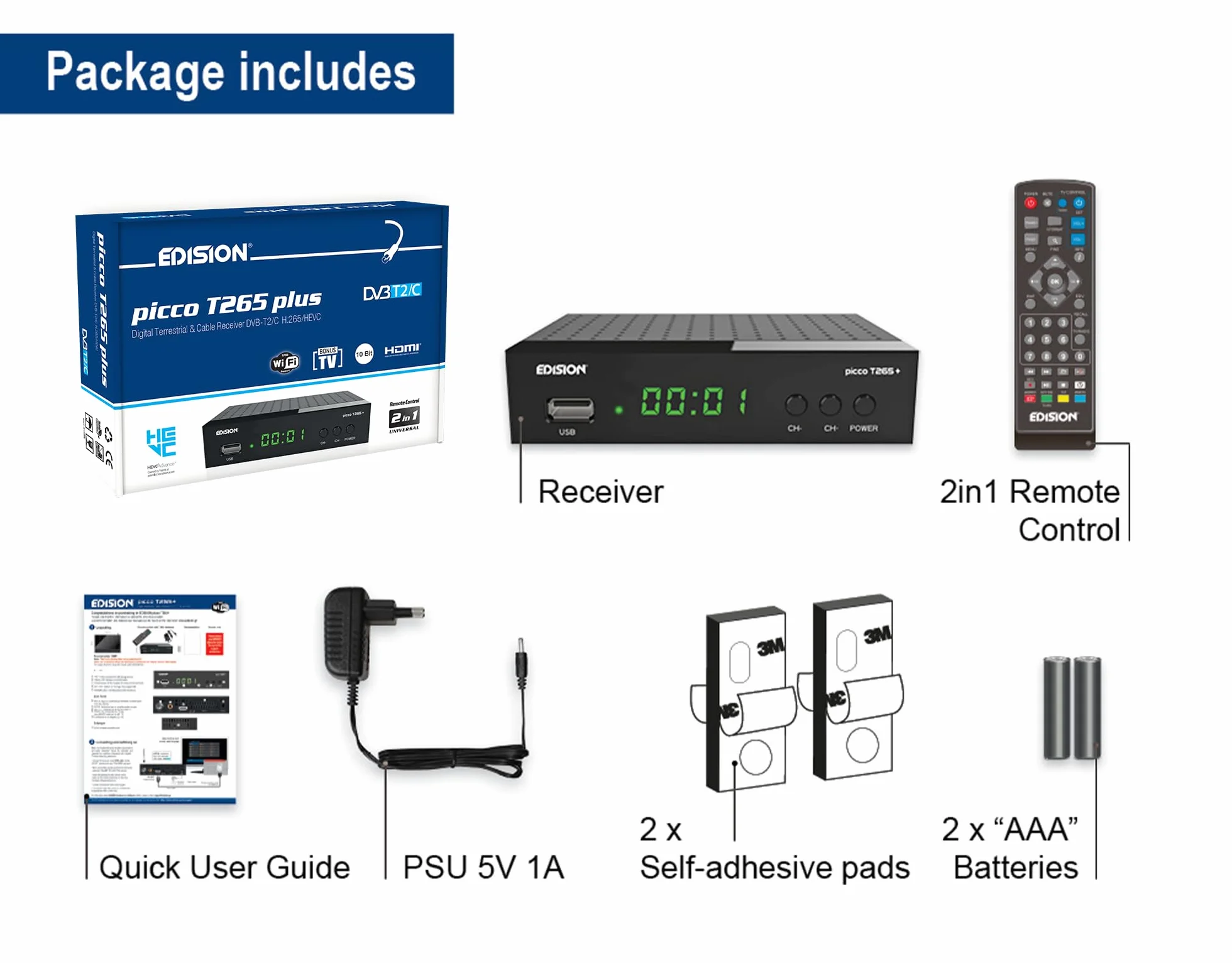EDISION Picco T265 Plus Terrestrischer DVB-T2 & Kabel-Receiver DVB-C H.265 HEVC FTA Full HD PVR, USB, HDMI, SCART, S/PDIF, IR, USB WiFi Support, Universal 2in1 Fernbedieung