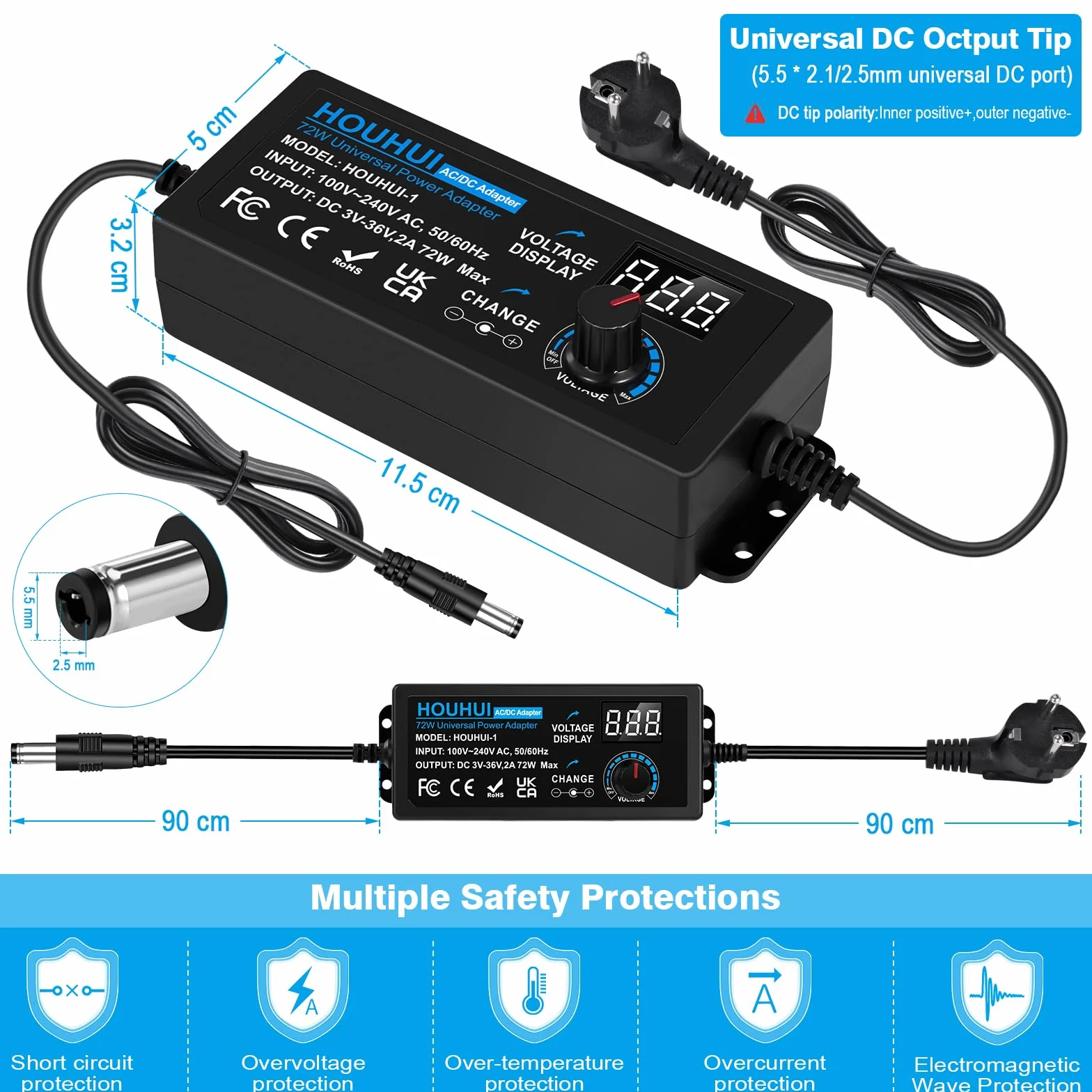 3V-36V Einstellbares Netzteil Universal Netzteiladapter 2A 72W Verstellbarer Netzadapter 100V-240V AC to DC mit LED Spannungsanzeige und 5,5x2,5mm 16Tipps für Haushaltselektronik, DC Motor 2A Max