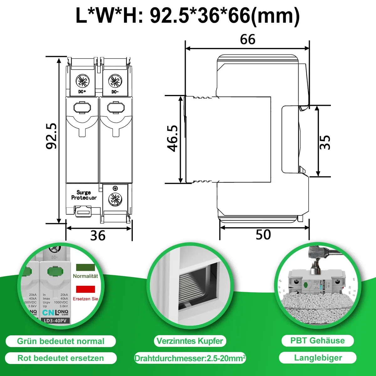 CNLONQ 2 Stück DC Überspannungsschutz PV Anlage DC1000V 2P 20kA/40kA 2P T2 Überspannungsableiter Blitzschutz Für Solar-Photovoltaik 35mm DIN-Schienenmontage