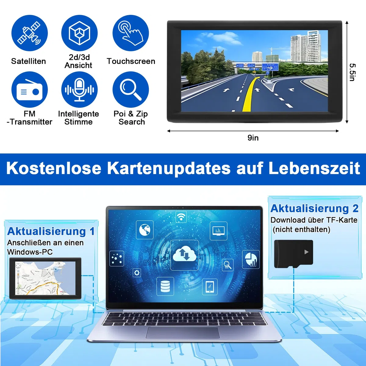 Navigationsgeräte für Auto,9 Zoll,LKW navigationsgeräte-GPS mit Echtzeit-Verkehrsinformationen,mit HD-Display und Sprachsteuerung,europäische Karten,geeignet für PKWs,Wohnmobile und LKWs