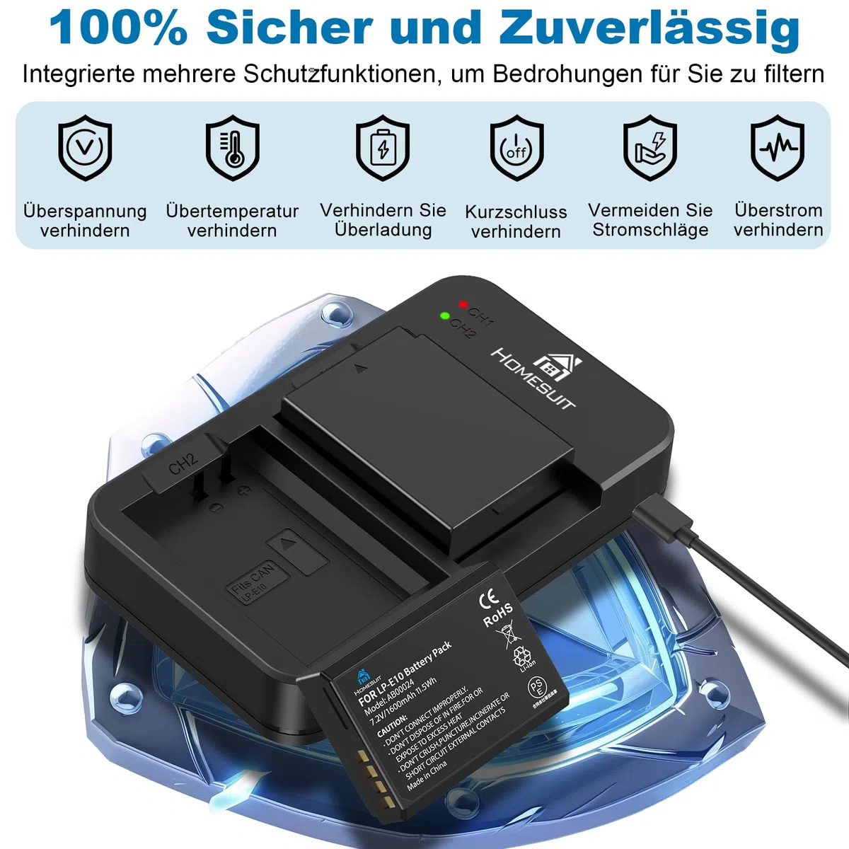 Homesuit LP-E10 Akku 1600mAh & Dual LED Ladegerät Kit für Canon EOS 1100D, EOS 1200D, EOS 1300D, EOS 2000D, EOS Rebel T3, T5, T6, T7, Kiss X50, Kiss X70 Kamera (2er-Pack)