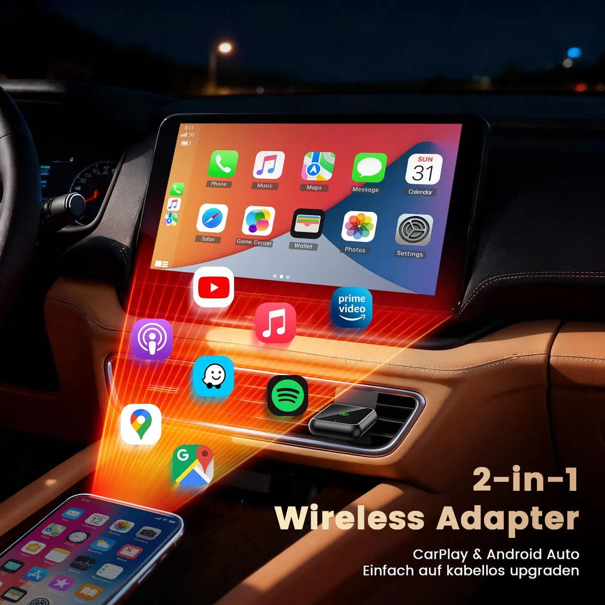 2026 Mini CarPlay Wireless Adapter für Apple CarPlay/Android Auto, Kabelgebunden zu Kabellos, Kompatibel mit iOS 10+ & Android 11+, USB-A/C, Plug & Play, Schnelle Stabile Verbindung, OTA-Updates