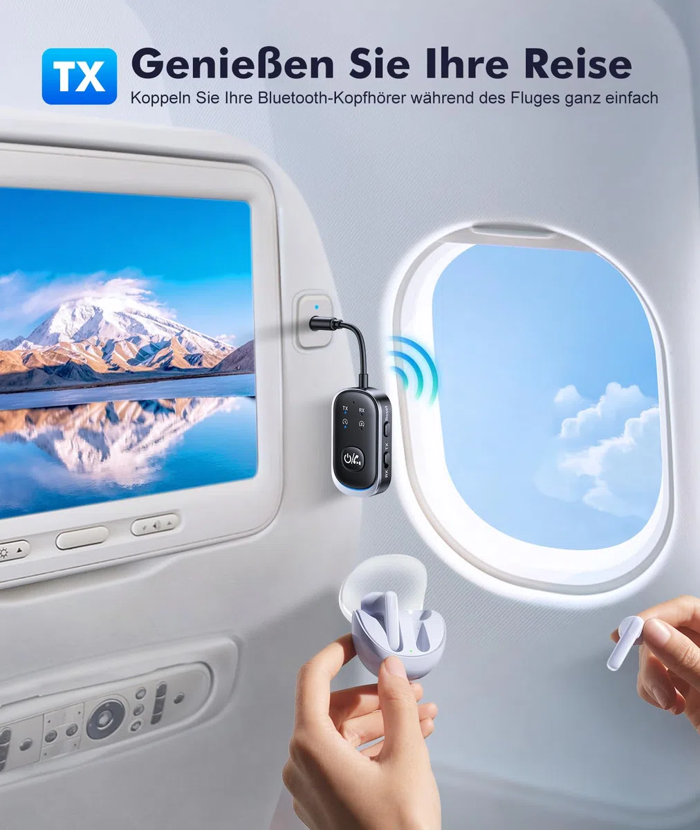 Mohard 2 in 1 Bluetooth Transmitter & Empfänger, AUX Bluetooth Adapter Klinke 3.5mm für Auto/TV/Stereoanlage, 5.3 Flugzeug Sender Splitter Patchkabel-Adapter für 2 Kopfhörer