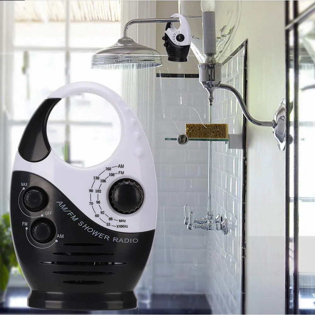 Yunseity Wasserdichtes Duschradio, Tragbares AM-FM-Radio mit Hakendesign, Batteriebetriebenes Radio, Eingebauter Lautsprecher, für Badezimmer, Küche, Außenbereich (Schwarz)