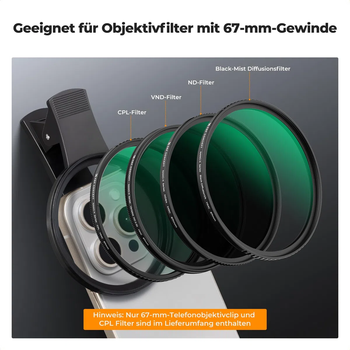 K&F CONCEPT K-Serie 67mm CPL Filter Handy Cirkular Polfilter, Schraubfilter CPL-Objektivfilter für Kameraobjektive, Clip-On-Handy-Filter für iPhone 16 15 14 13 Series Galaxy S24 S23 S22 Ultra