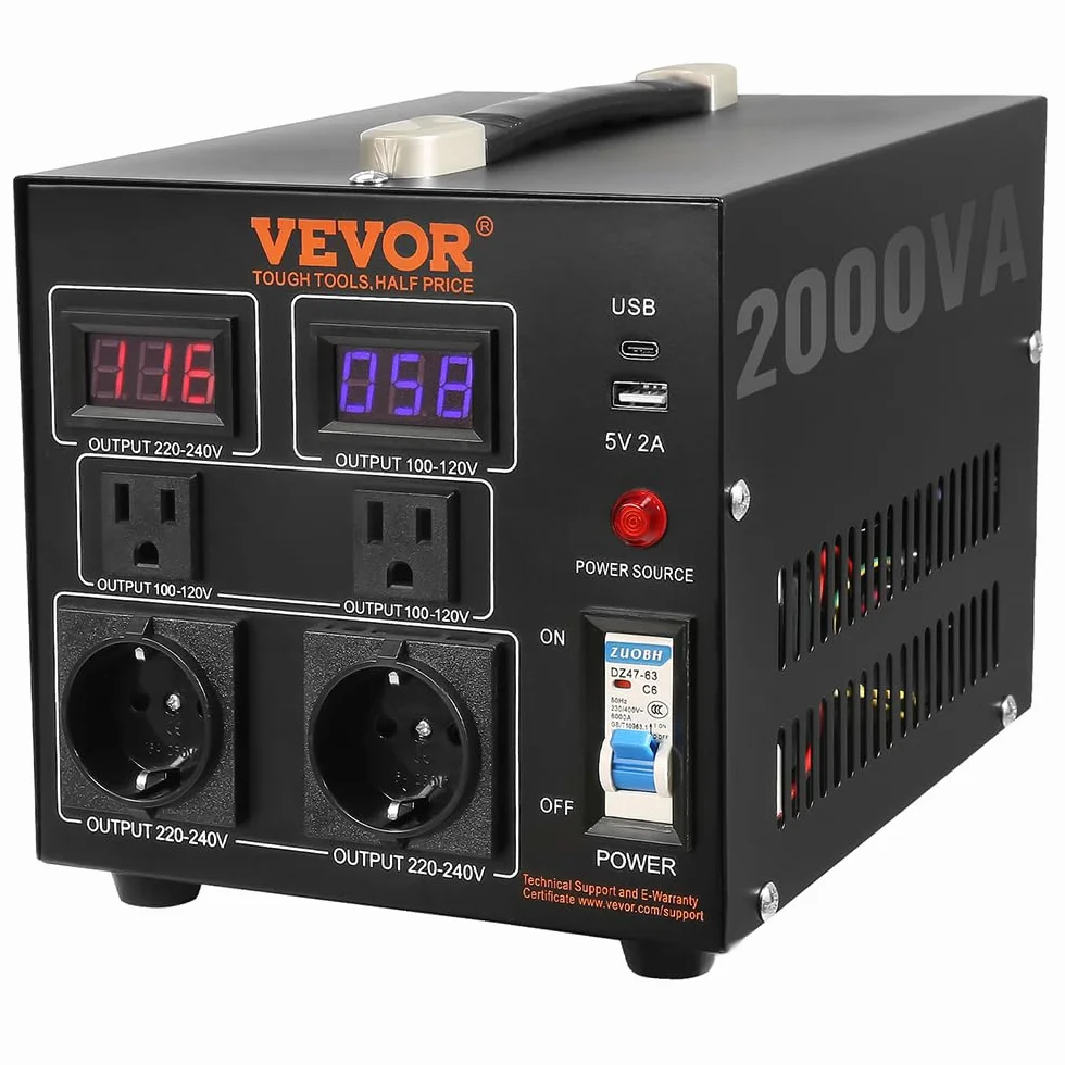 VEVOR 2000W Spannungswandler Transformator AC 110V⇋220V Transformer Wandler 2X US NEMA 5-15R 3-polige/2x standardmäßige europäische Shucko-Ausgangssteckdosen, 1x 5V-USB-Anschluss, 1x Typ-C-Buchse