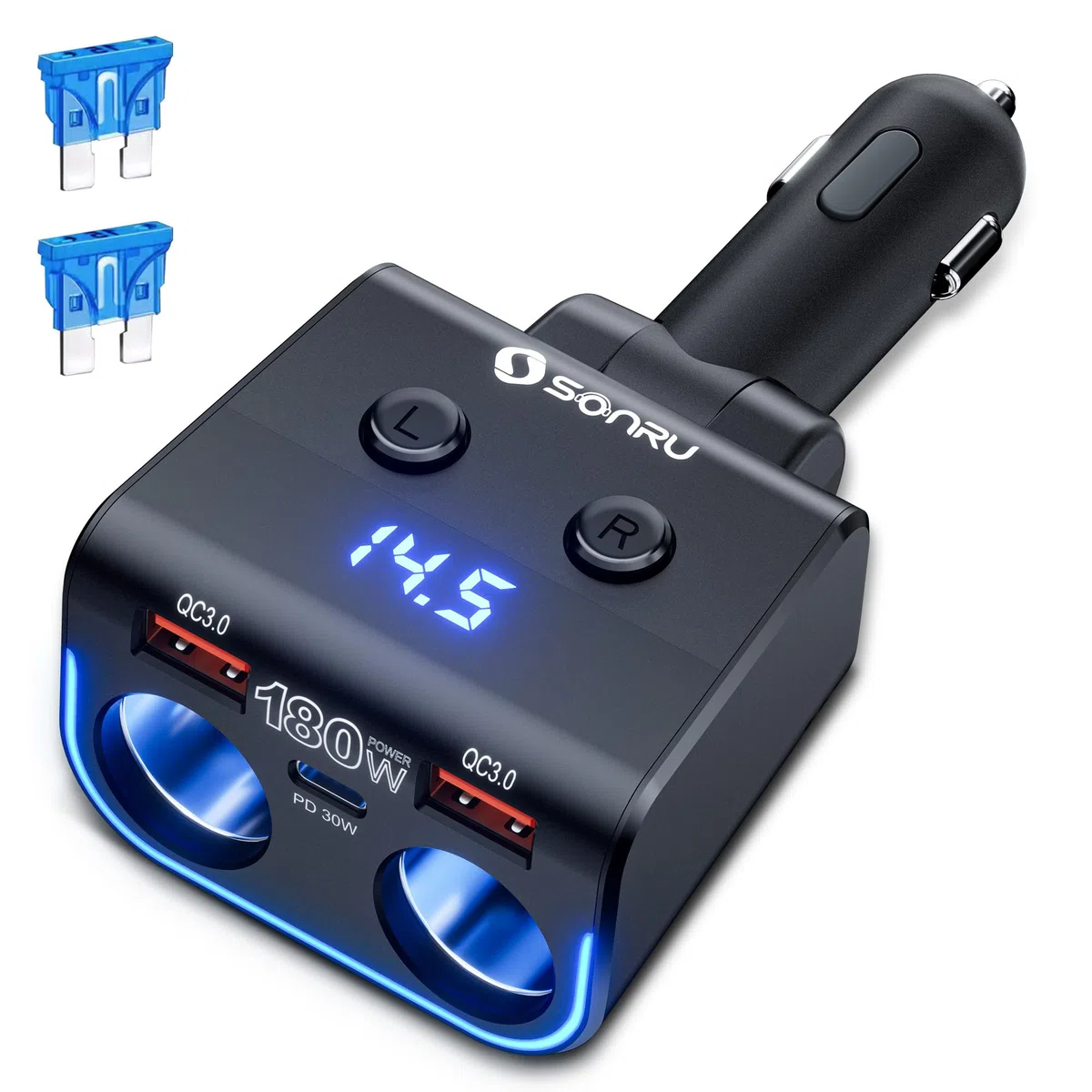 SONRU180W Zigarettenanzünder Verteiler 5 in 1, 24/12 Volt Steckdose Auto Ladegerät KFZ Doppelsteckdose Adapter mit Zwei USB Typ-C Schnellladeanschluss