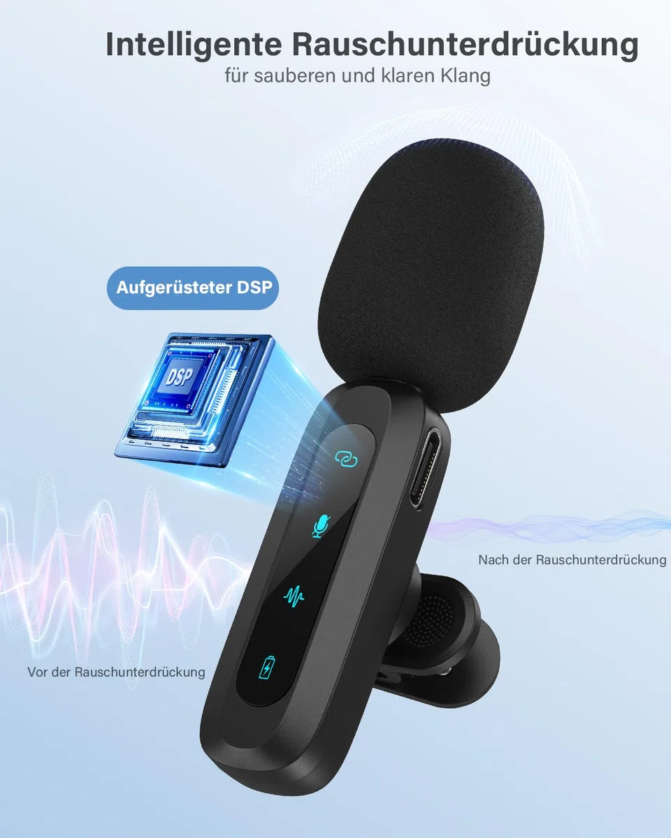 Kabelloses Lavalier-Mikrofon für iPhone, iPad, Android-Handy, 2er-Pack Mini-Mikrofon mit Rauschunterdrückung, Auto-Pairing und Stummschaltung und Reverb für Vlogging, Videoaufnahmen, TikTok, YouTube