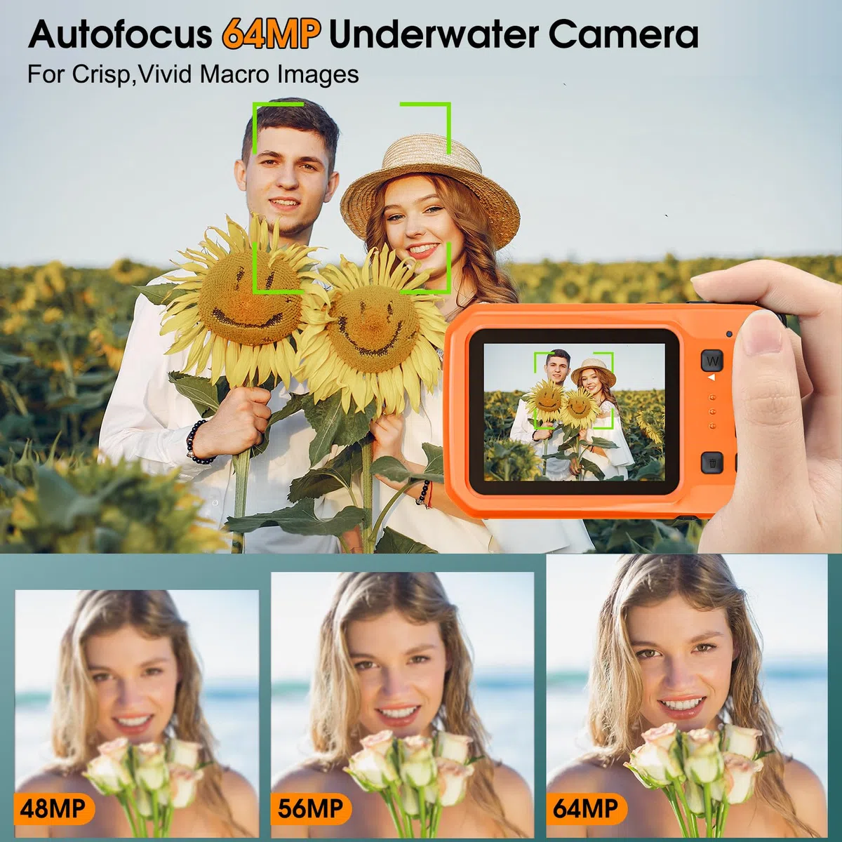 Digitalkamera, Yixinxin Unterwasserkamera 4K 64MP 16FT wasserdichte Kamera zum Schnorcheln, IPS HD Bildschirm 16X Digitalzoom und 32GB Karte
