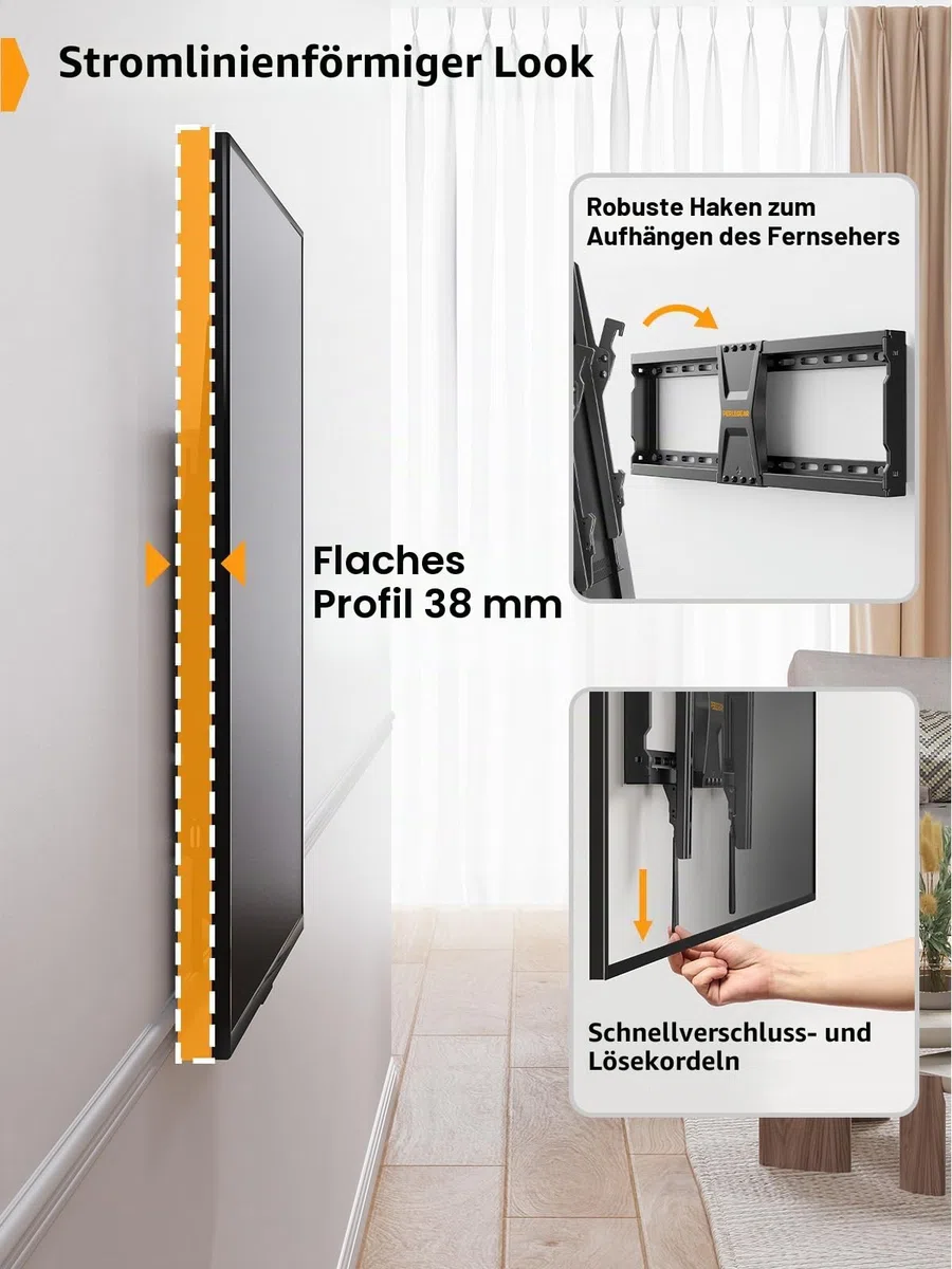 Perlegear TV Wandhalterung Neigbar für 37-82 Zoll Flach- und Curved-Fernseher (bis 60 kg, VESA 600x400mm) – Universelle TV Halterung mit Verstellbaren Zugschnüren, Model PGLT5