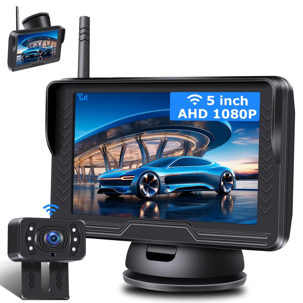 AHD 1080P Rückfahrkamera Kabellos mit 5 Zoll Monitor 6 LED Nachtsicht 170° Weitwinkel DC 12V Auto SUV LKW