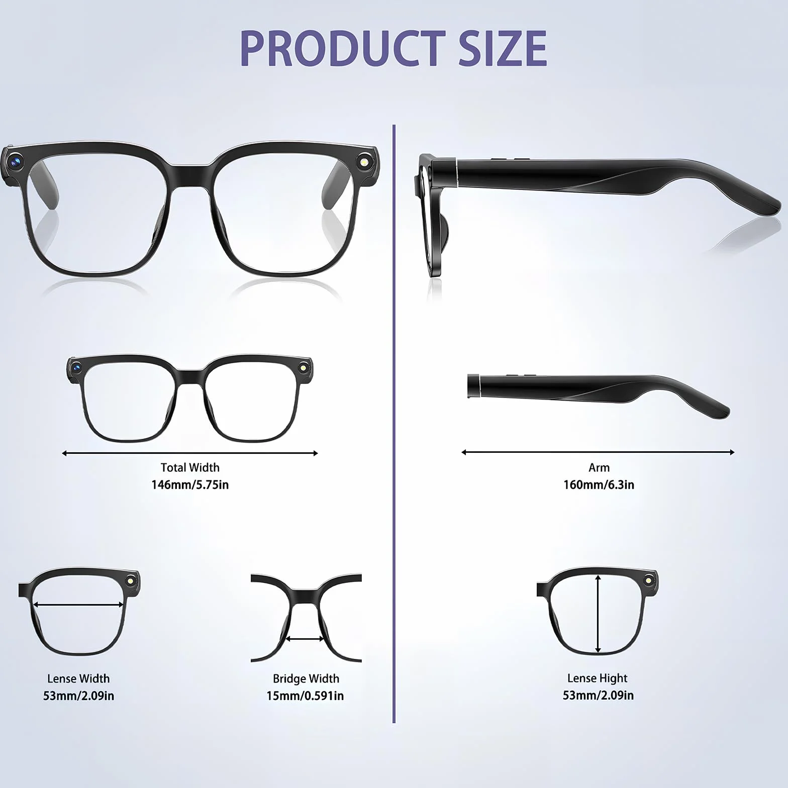 Bluetooth Smart Glasses mit HD 8MP Kamera-1080p Videoaufnahme, Bluetooth 5.4, Echtzeit-KI-Übersetzung & Objekterkennung, Blau licht, Zwei Mikrofone für Anrufe, Aufnahmen