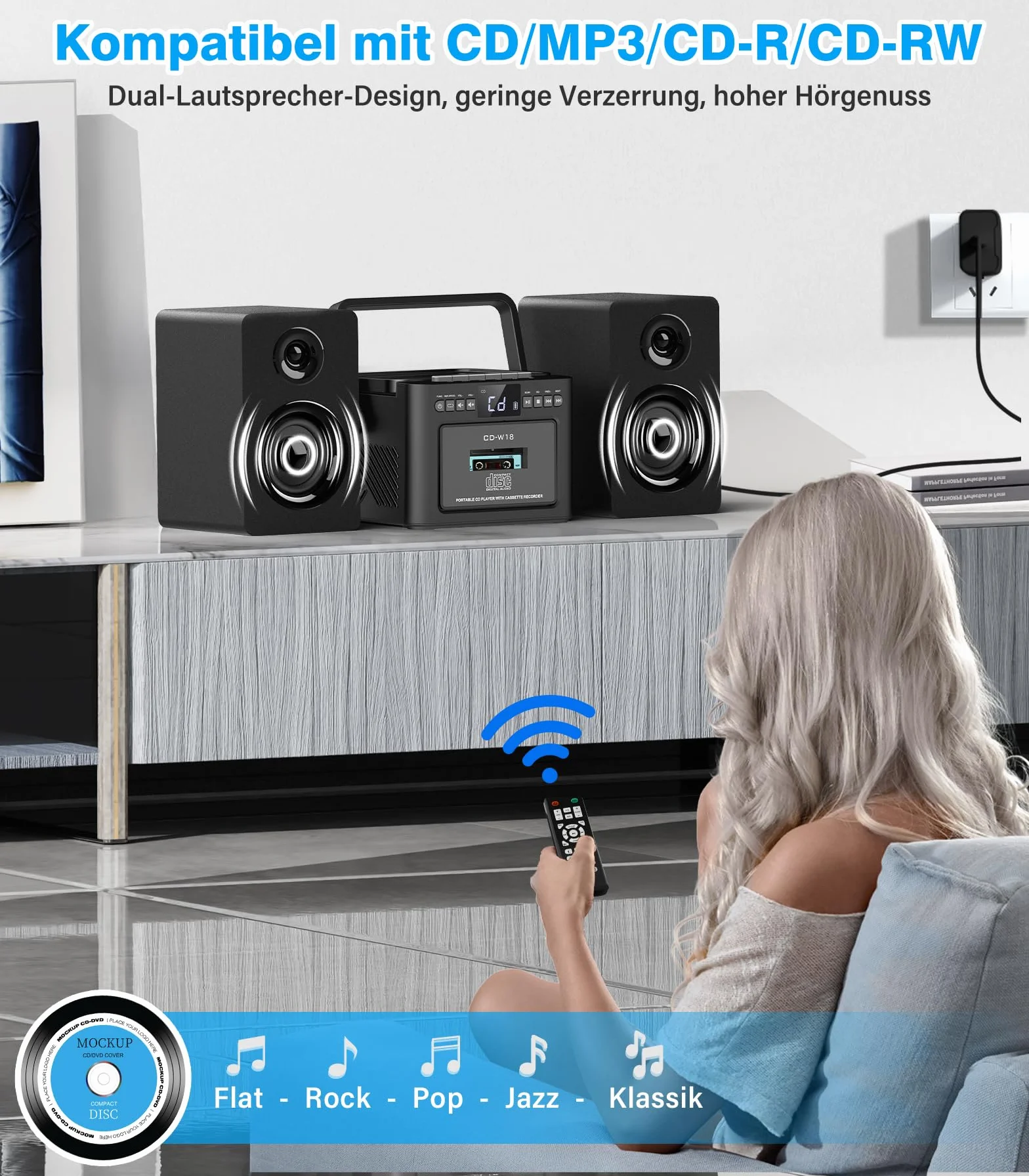 Greadio Stereoanlage mit CD Player und Kassettenrekorder, 40-W-Lautsprecher mit Bluetooth 5.1, Kassettenspieler mit FM Radio/USB/TF/AUX/Fernbedienung, HiFi Musikanlage (Schwarz)