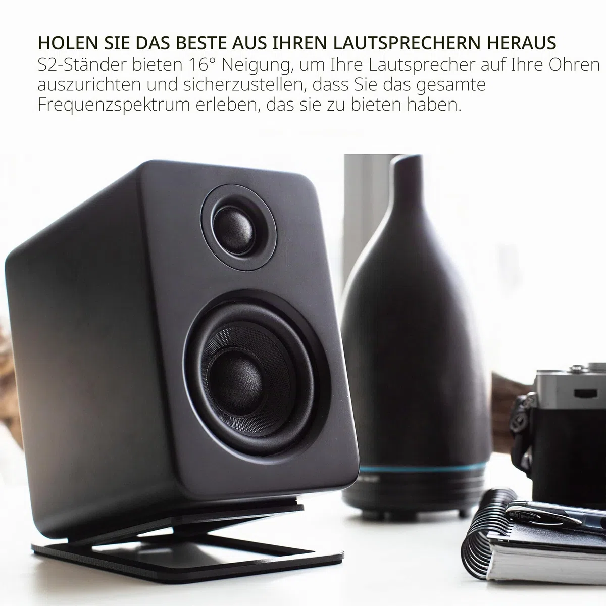 Kanto S2 Tilted Desktop Speaker Stands for Small Speakers & Compact 2”-3” Studio Monitors | Supports 2.72 kg | Damping Foam Padding | Pair | Black