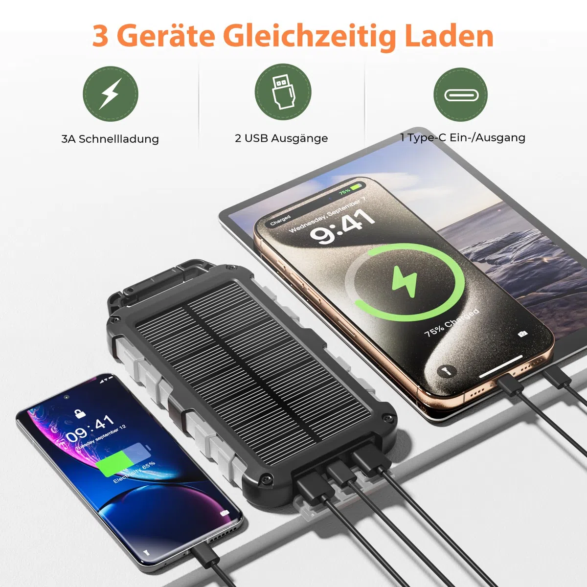 Solar Powerbank 10000mAh, 22.5W Tragbare Solar Ladegerät USB C Externer Akku Outdoor Wasserdichtes mit LED-Licht und 3 Ausgängen für Smartphones Tablets Camping,Grau