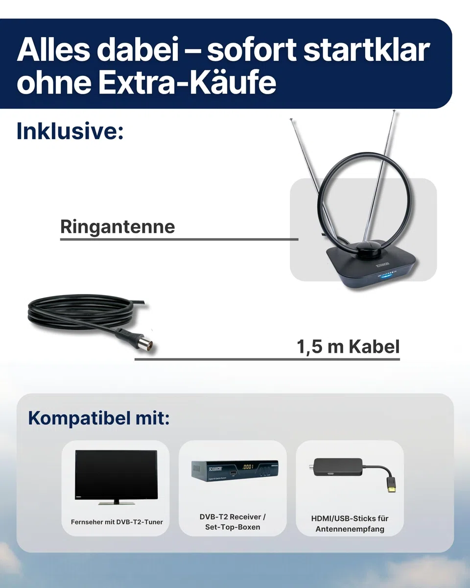 SCHWAIGER DVB-T2 Zimmerantenne aktiv I 36 dB TV-Antenne mit Verstärker regelbar & LTE-Filter I DVB-T2 HD Ringantenne für Fernseher I DAB+ Radio Innenantenne mit Teleskop-Stäben