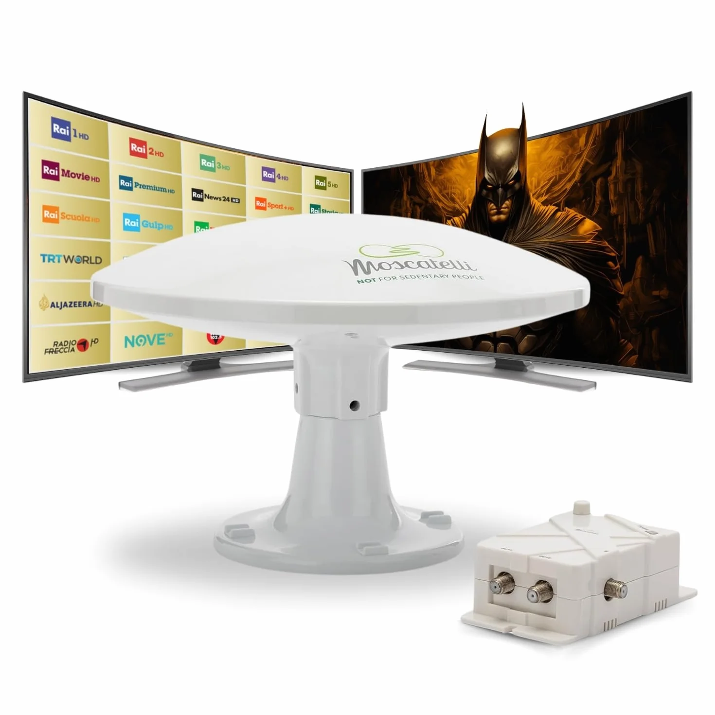 MOSCATELLI Omnidirektionale terrestrische DVB DVBT2 Outdoor Camping Antenne für Wohnmobile und Wohnwagen - 12/24/220V - Kit mit Kabeln, Verstärker und LTE Filter. Wasserdicht, UV-Schutz