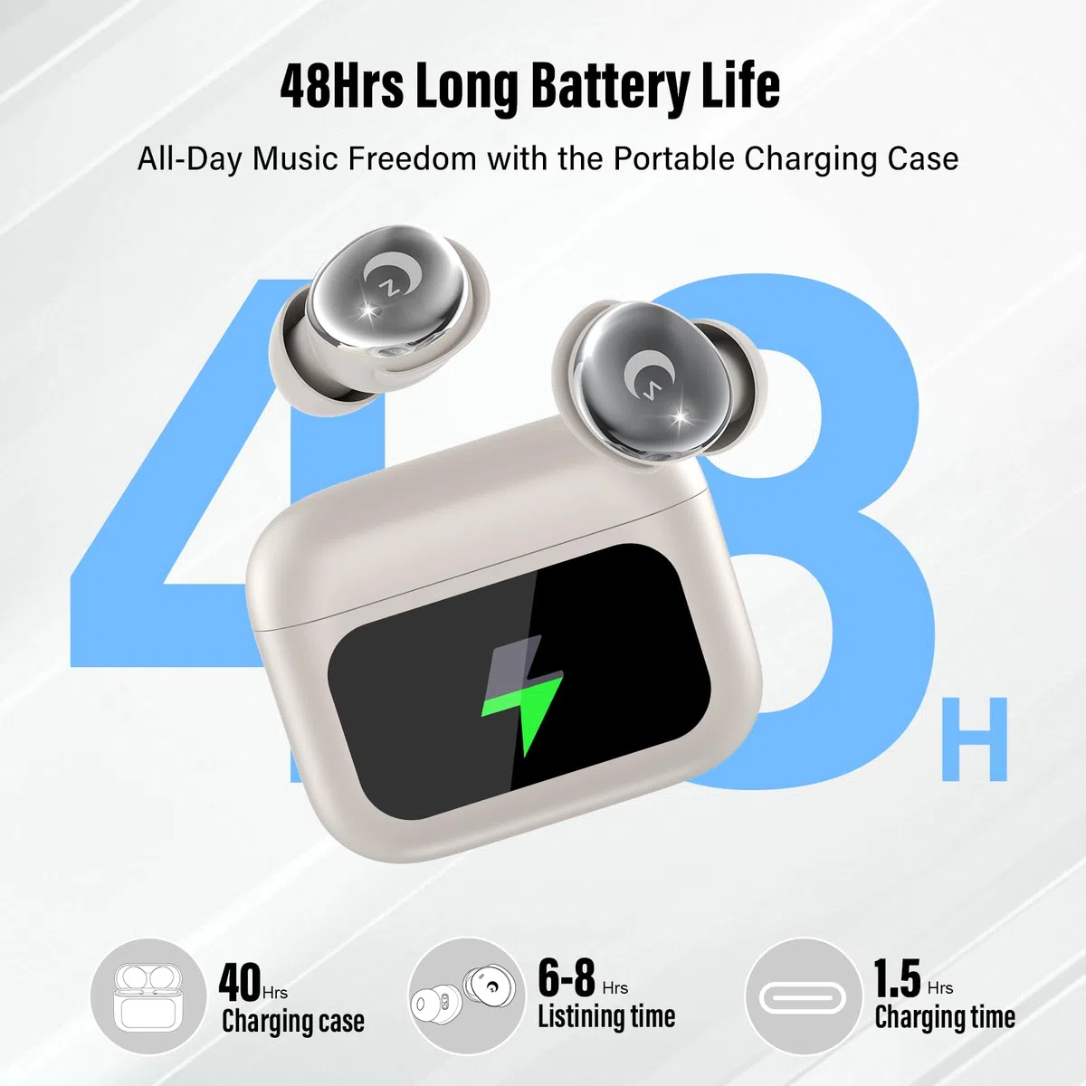 VEKJ Bluetooth Kopfhörer, Mini 48H Schlafkopfhörer Bluetooth 5.4 mit Touchscreen, 2025 Neue in Ear Kopfhörer Kabellos mit ENC Noise Cancelling, IPX7 Ohrhörer mit Immersiver Deep Bass Ohrhörer, beige