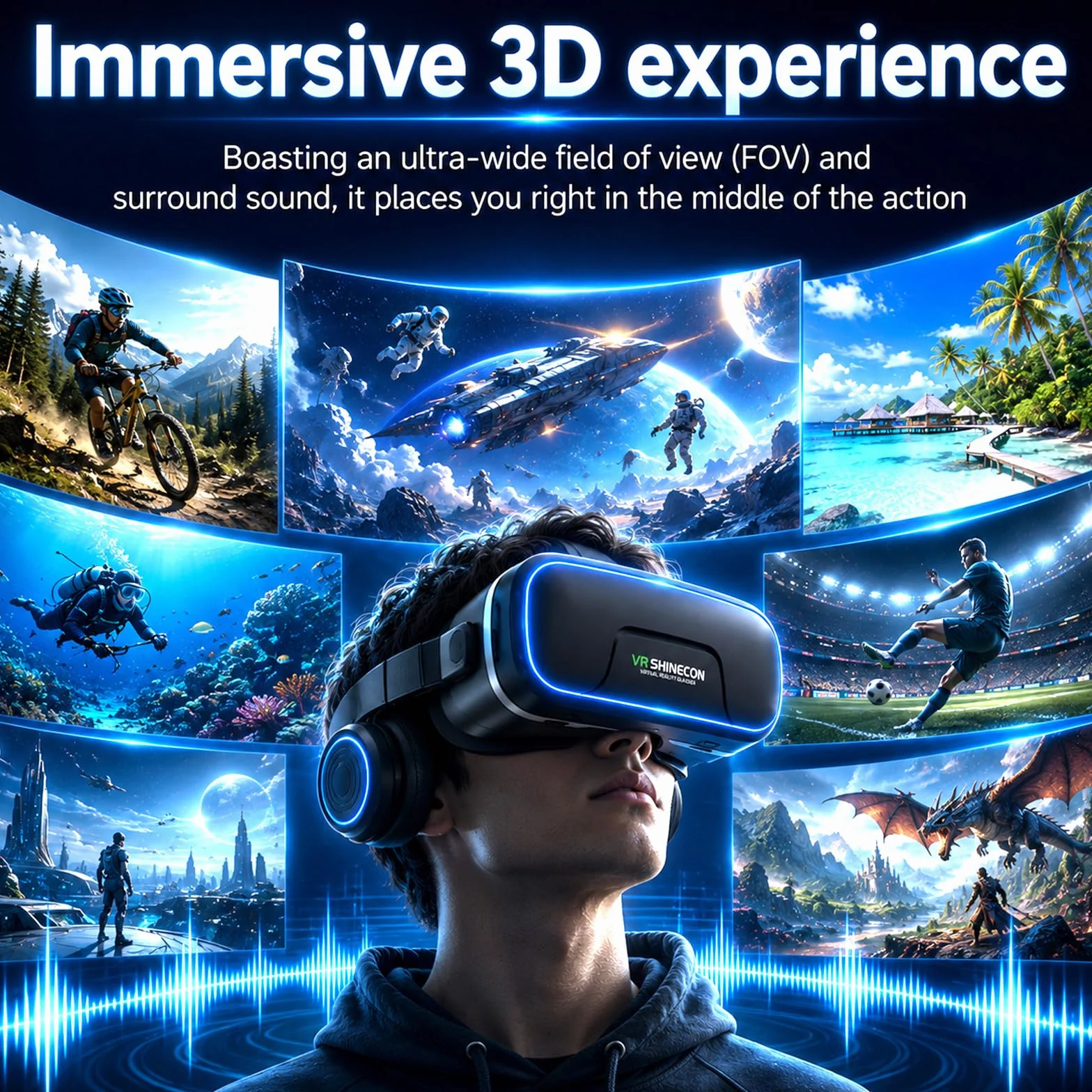 VR Brille Handy 3D,Mit Kopfhörern,Hd-Anti-Blaulicht-Linsen,Angenehm Zu Tragen Und Schützt Die Augen,Kompatibel Mit Smartphones iPhone&Android (4,7–7,2"),Virtual Reality 3D Headset Für Gaming,Filme