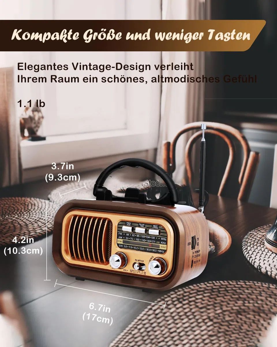 Retro Radio mit Bluetooth, AM/FM/SW Tragbares Radio, Kofferradio mit 1200mAh Akku und D-Batterien, USB/TF/TWS, Vintage Radio für Küche, Zuhause, Garten und Camping