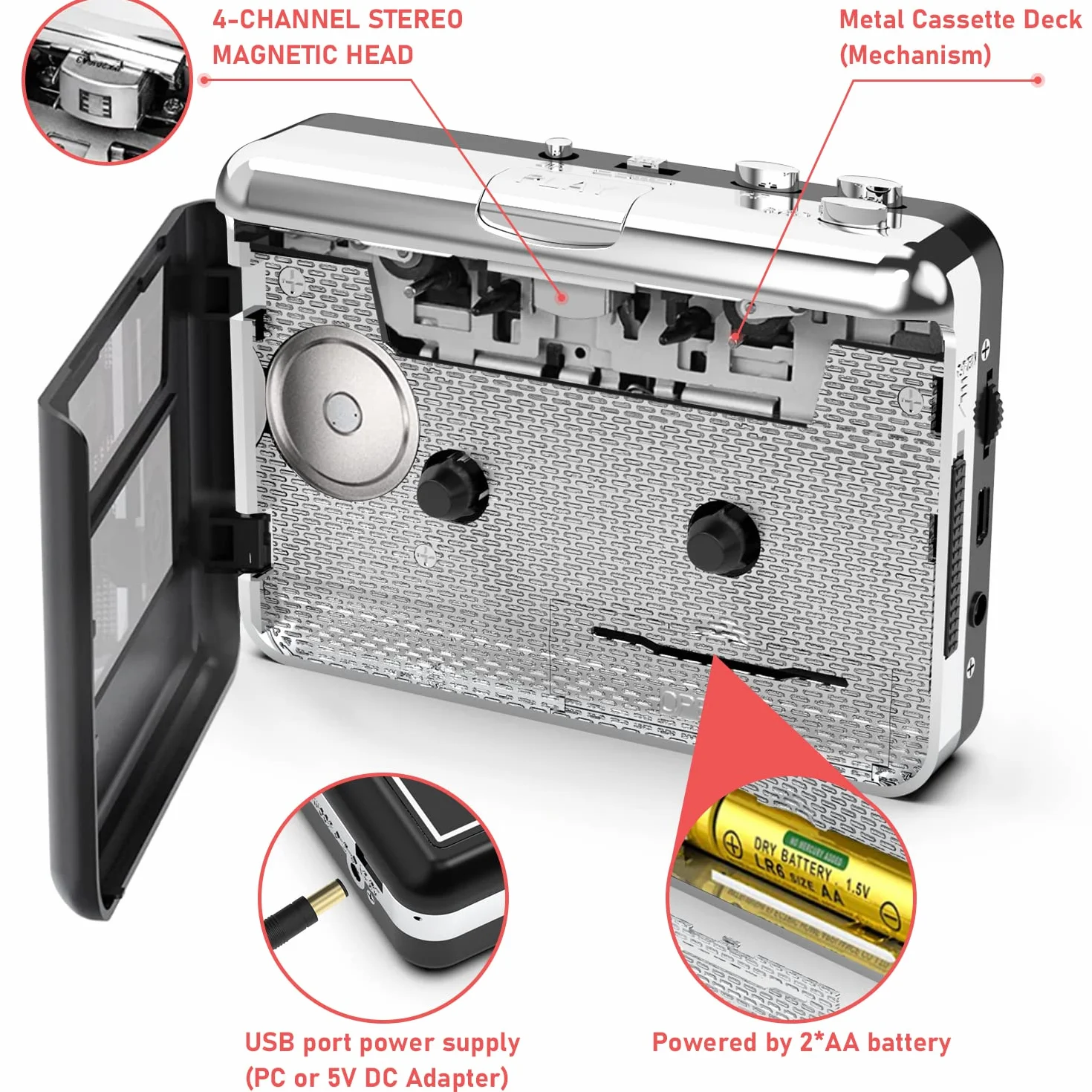 Retro Kassettenspieler, Tragbarer Kassetten Digitalisieren, nimmt Kassetten-Audio über USB auf – Kompatibel mit Laptops und PCs