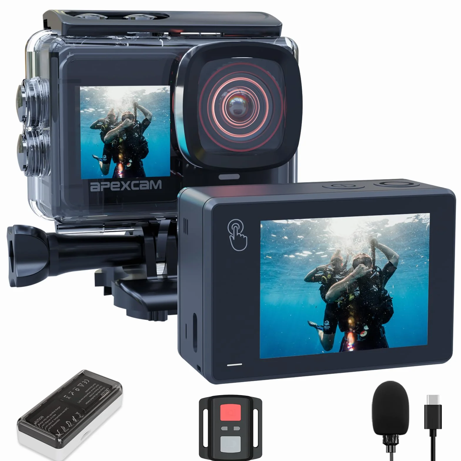 Apexcam X80Pro Action Cam 4K60FPS 64MP Doppelbildschirme EIS Stabilisierung WiFi Sportkamera Unterwasserkamera 40m Wasserdicht 8X Zoom Fernbedienung 2x1350mAh Akkus Zubehör-Set