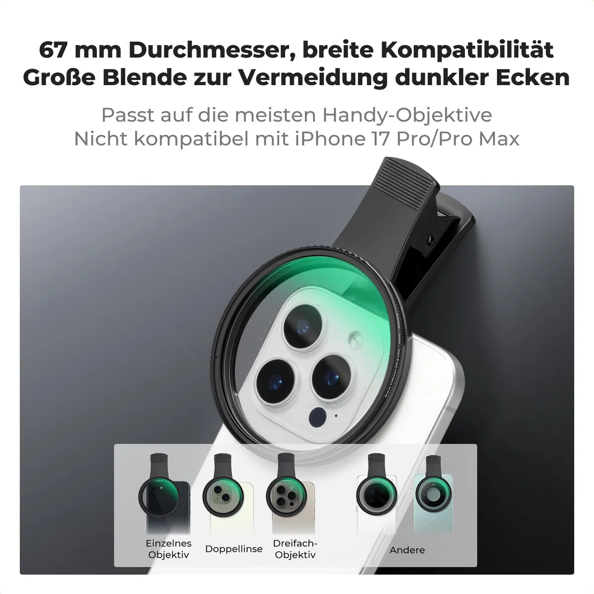 K&F CONCEPT K-Serie 67mm CPL Filter Handy Cirkular Polfilter, Schraubfilter CPL-Objektivfilter für Kameraobjektive, Clip-On-Handy-Filter für iPhone 16 15 14 13 Series Galaxy S24 S23 S22 Ultra